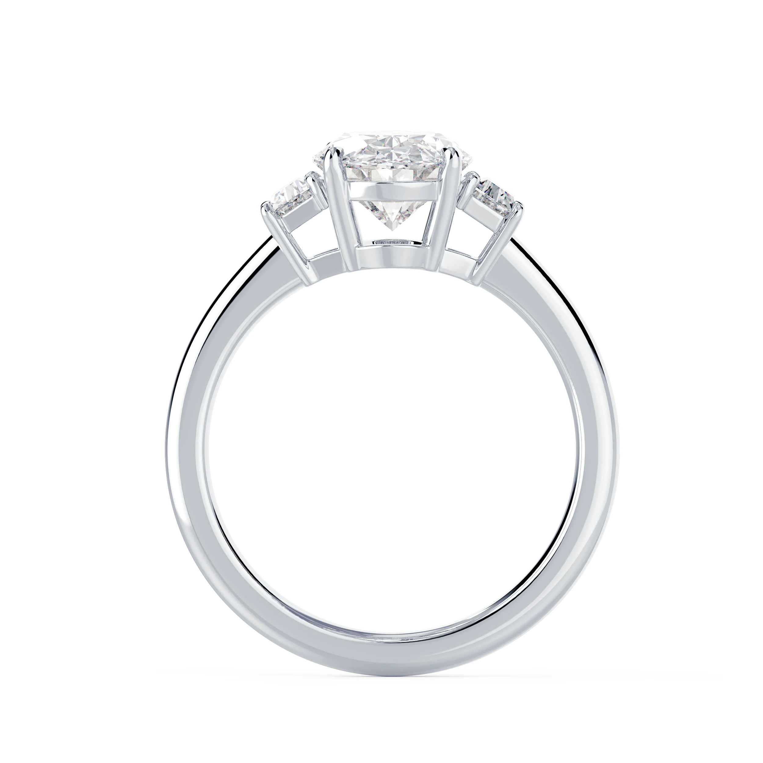 Created Diamonds set in White Gold Oval and Trapezoid Diamond Engagement Ring (Profile View)