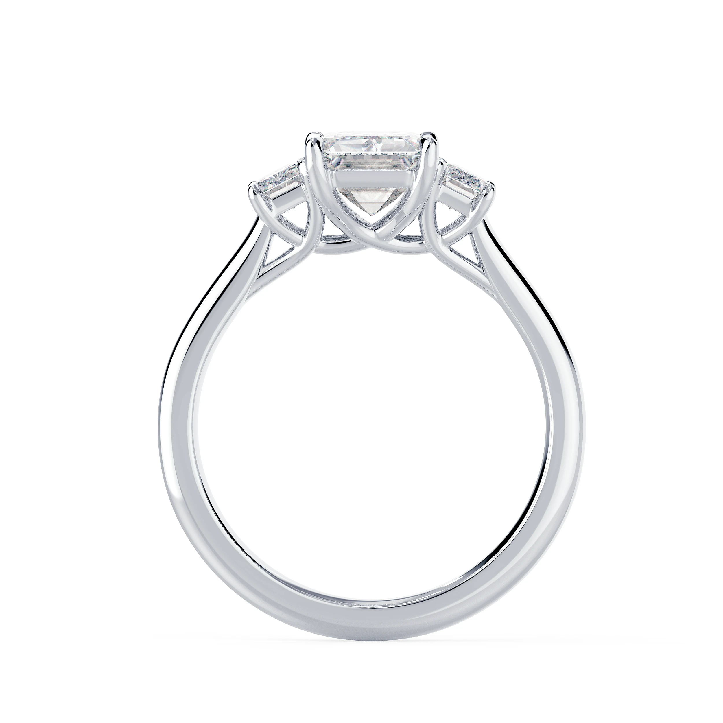 White Gold Emerald Three Stone Diamond Engagement Ring featuring Diamonds (Profile View)