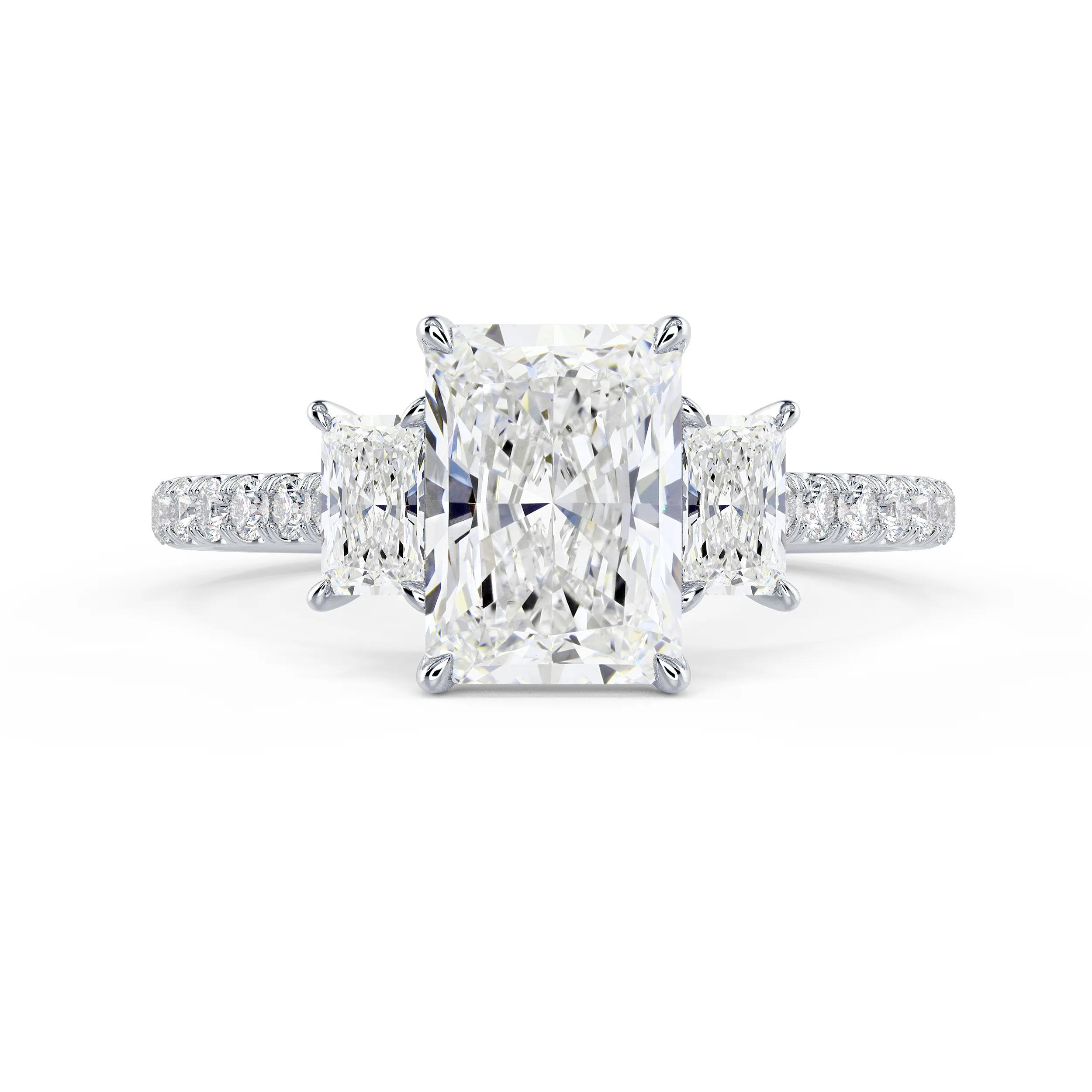 Exceptional Quality Diamonds set in White Gold Radiant Three Stone Pavé Diamond Engagement Ring (Main View)