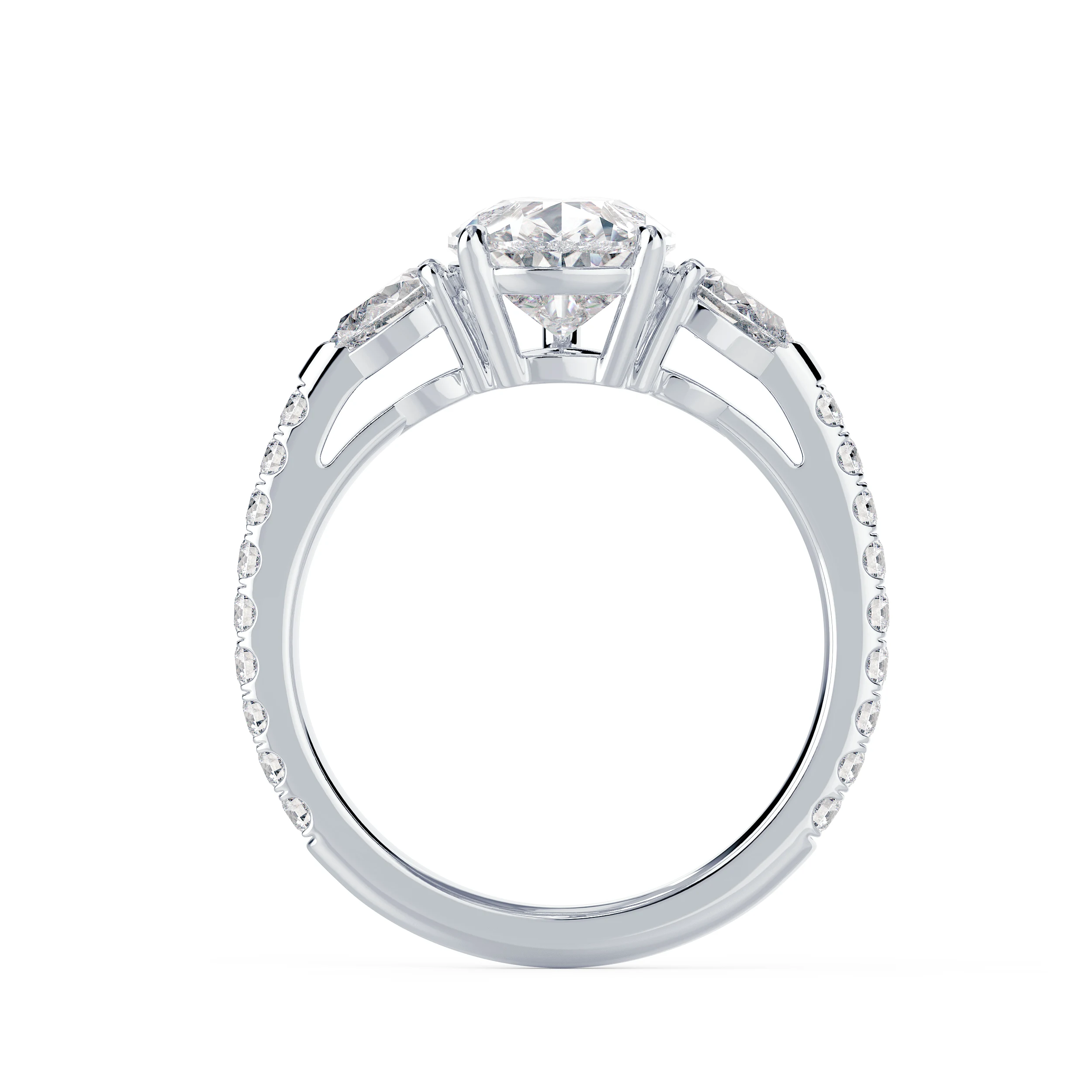Lab Diamonds set in White Gold Pear Three Stone Pavé Diamond Engagement Ring (Profile View)