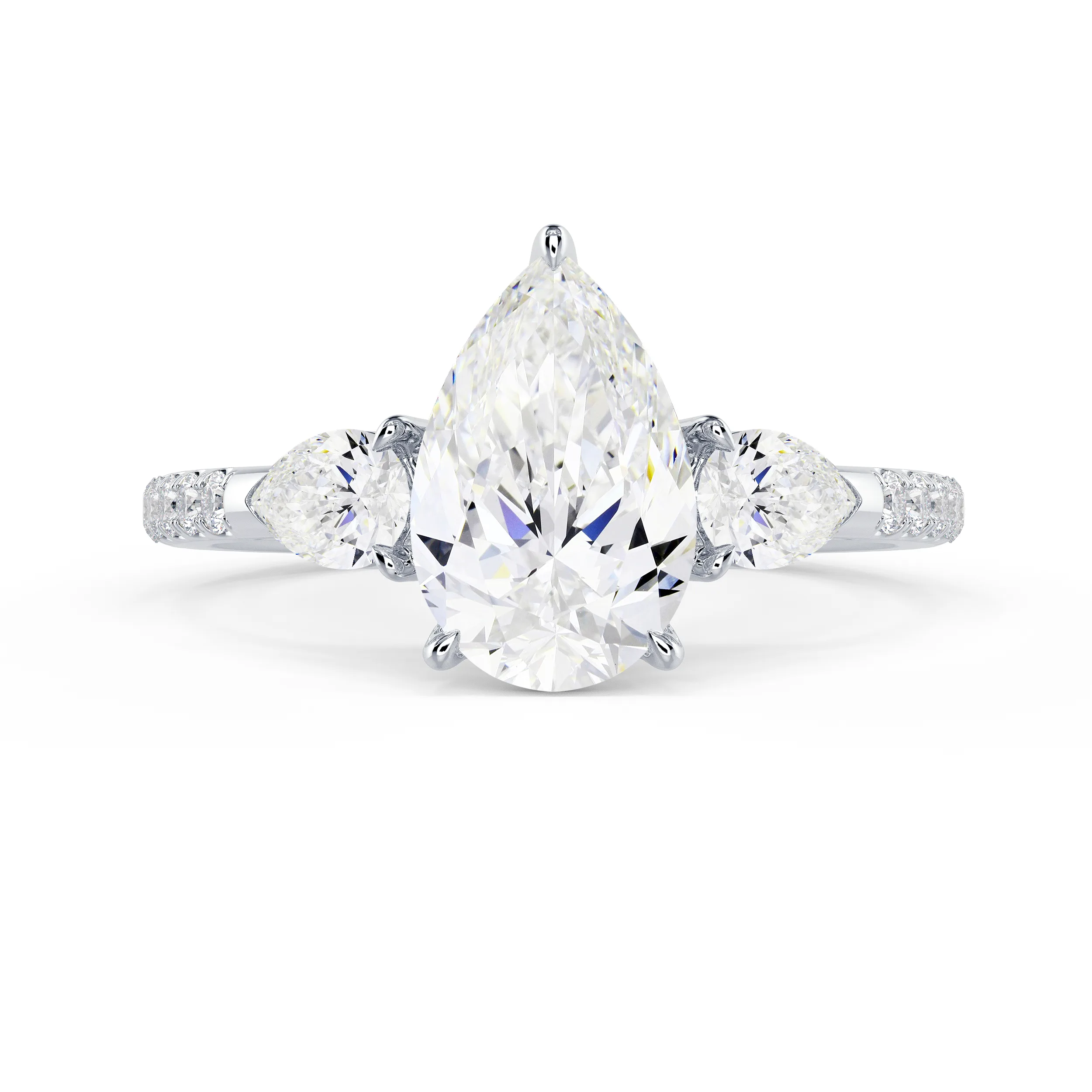 High Quality Synthetic Diamonds Pear Three Stone Pavé Setting in White Gold (Main View)