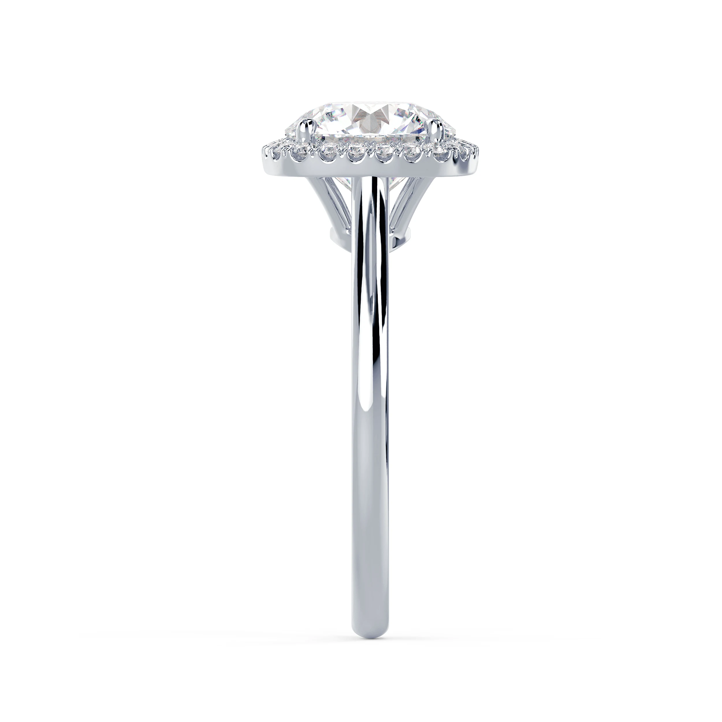 Synthetic Diamonds Round Single Halo Setting in White Gold (Side View)
