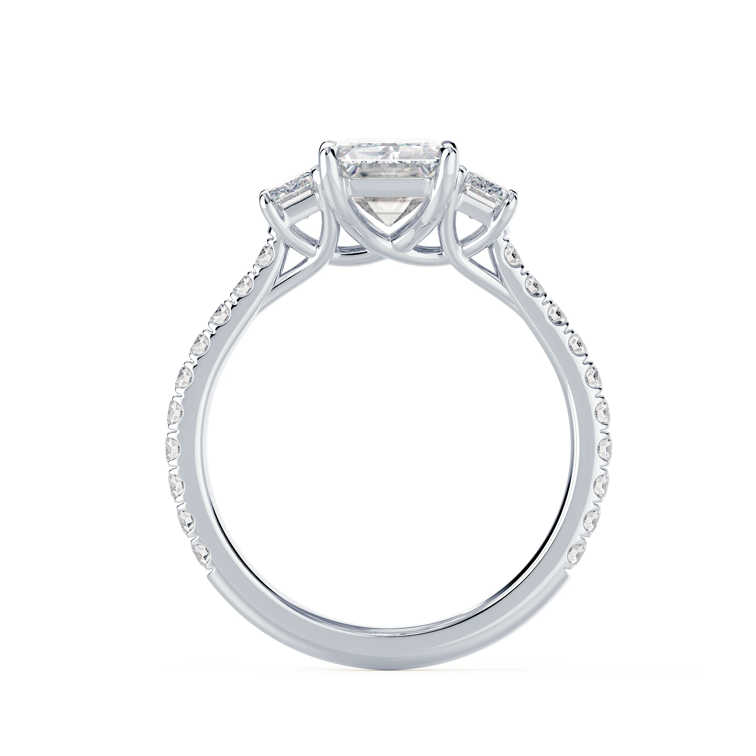 High Quality Diamonds set in White Gold Emerald Three Stone Pavé Diamond Engagement Ring (Profile View)