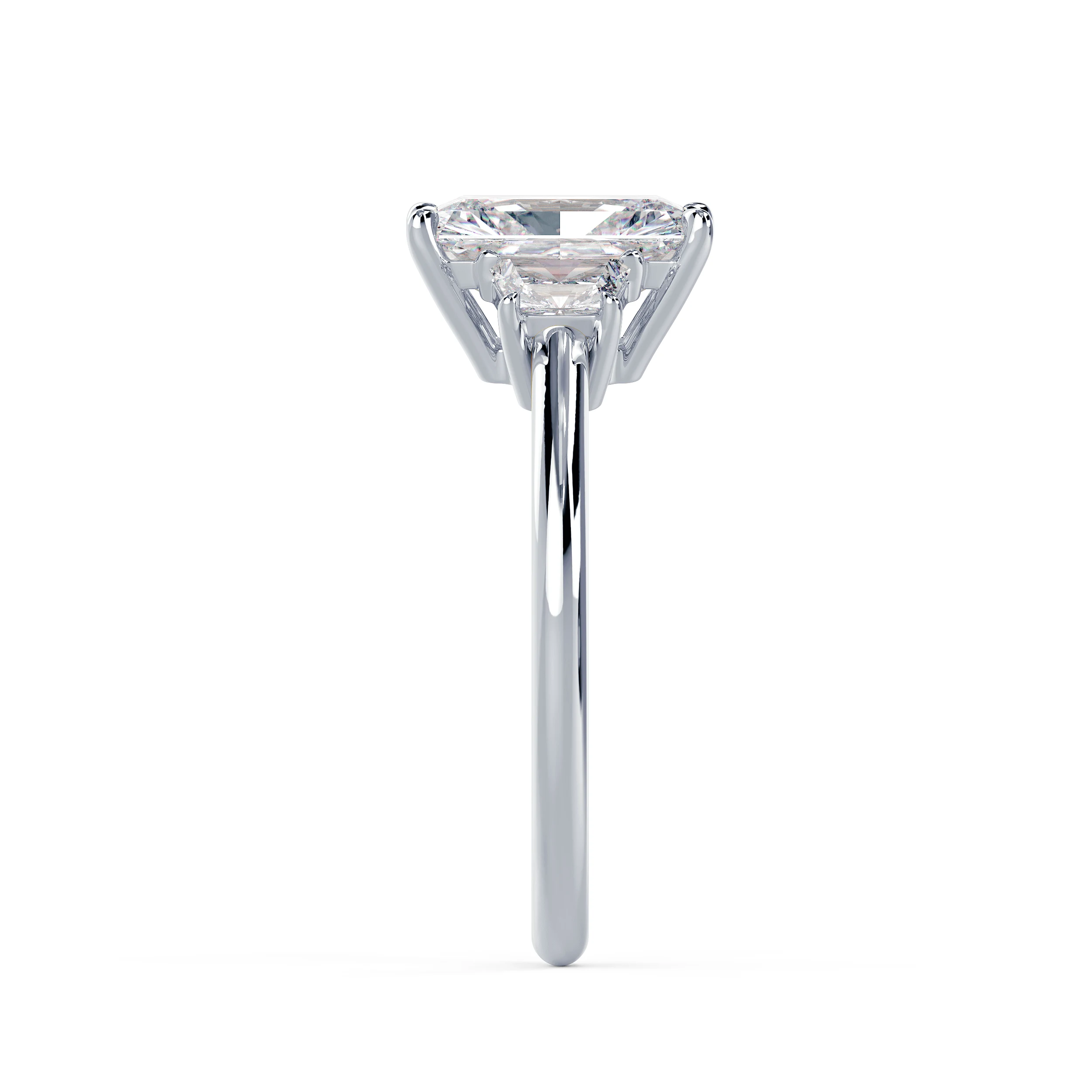 High Quality Lab Grown Diamonds set in White Gold Radiant and Trapezoid Setting (Side View)
