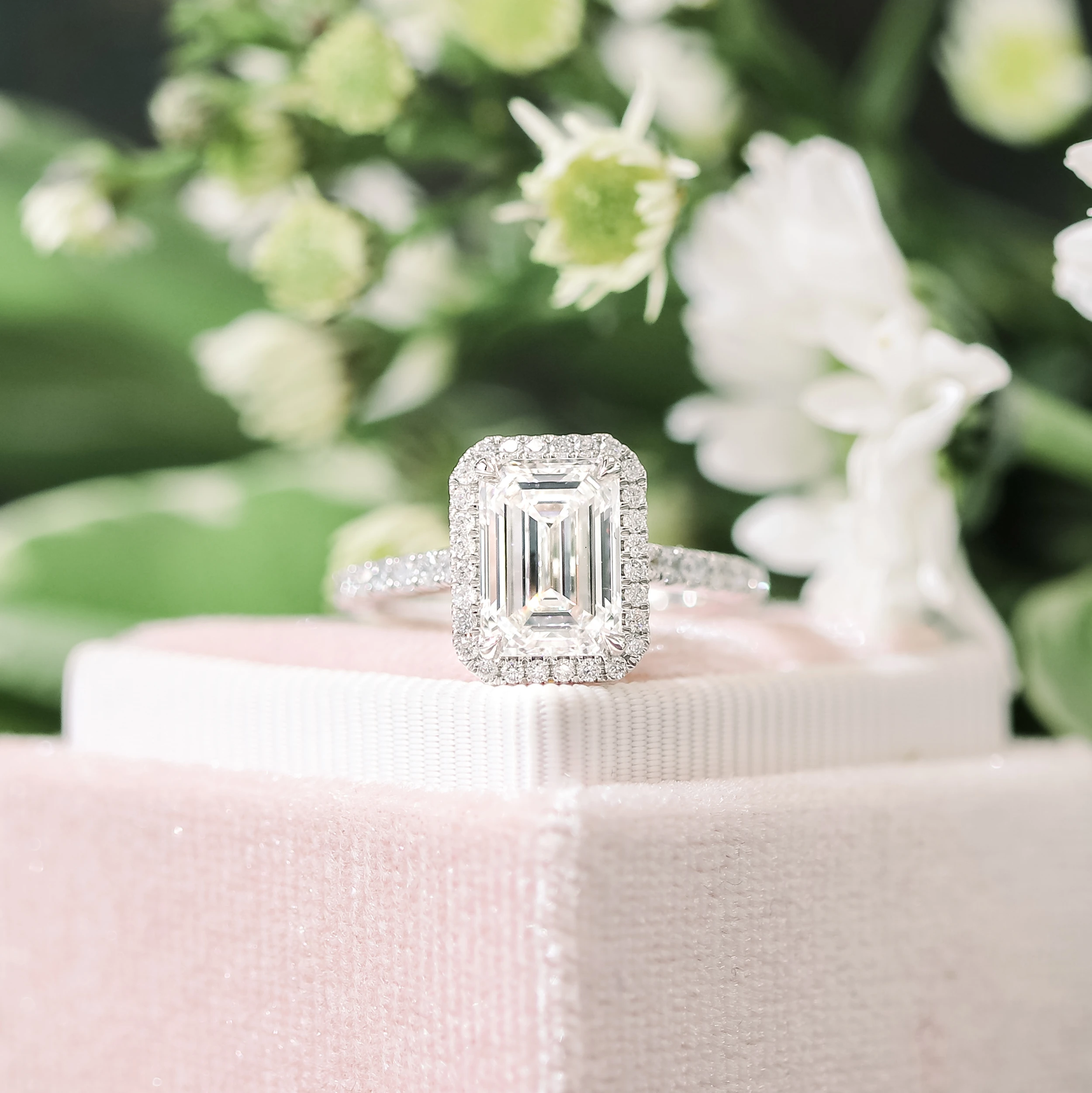 Platinum Emerald Halo Pavé Diamond Engagement Ring featuring Diamonds (Profile View)