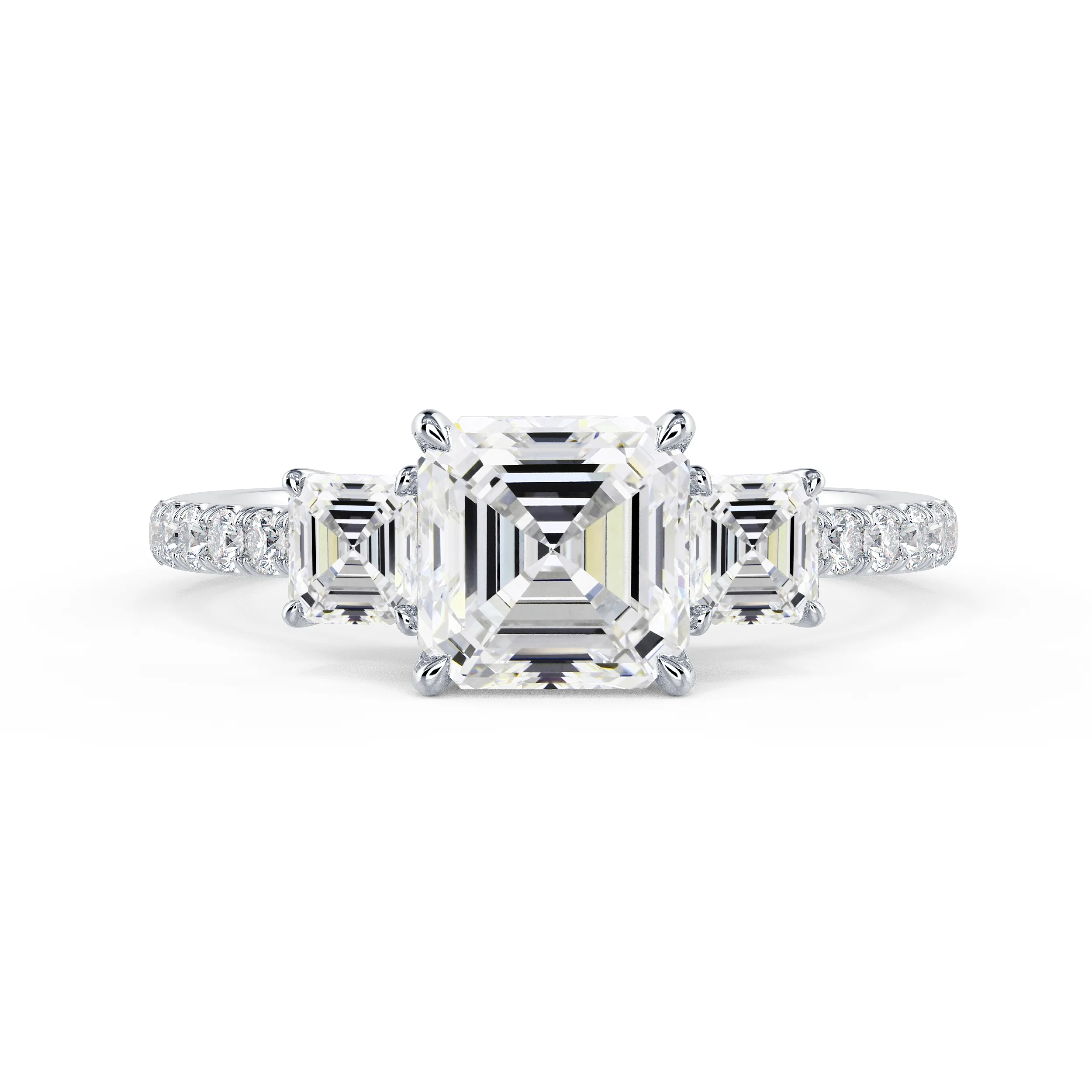 Lab Grown Diamonds Asscher Three Stone Pavé Diamond Engagement Ring in White Gold (Main View)