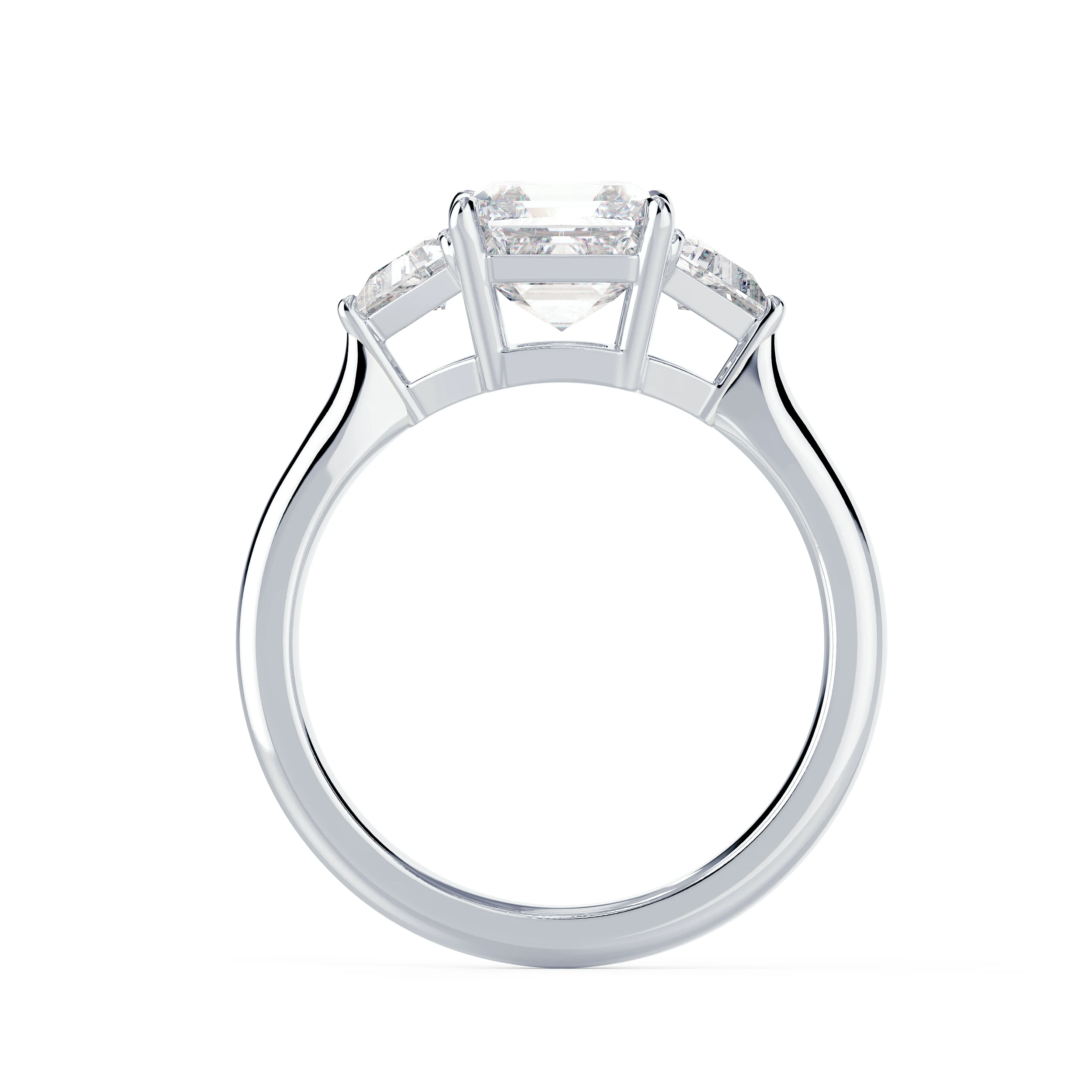 Synthetic Diamonds set in White Gold Asscher and Trillion Diamond Engagement Ring (Profile View)
