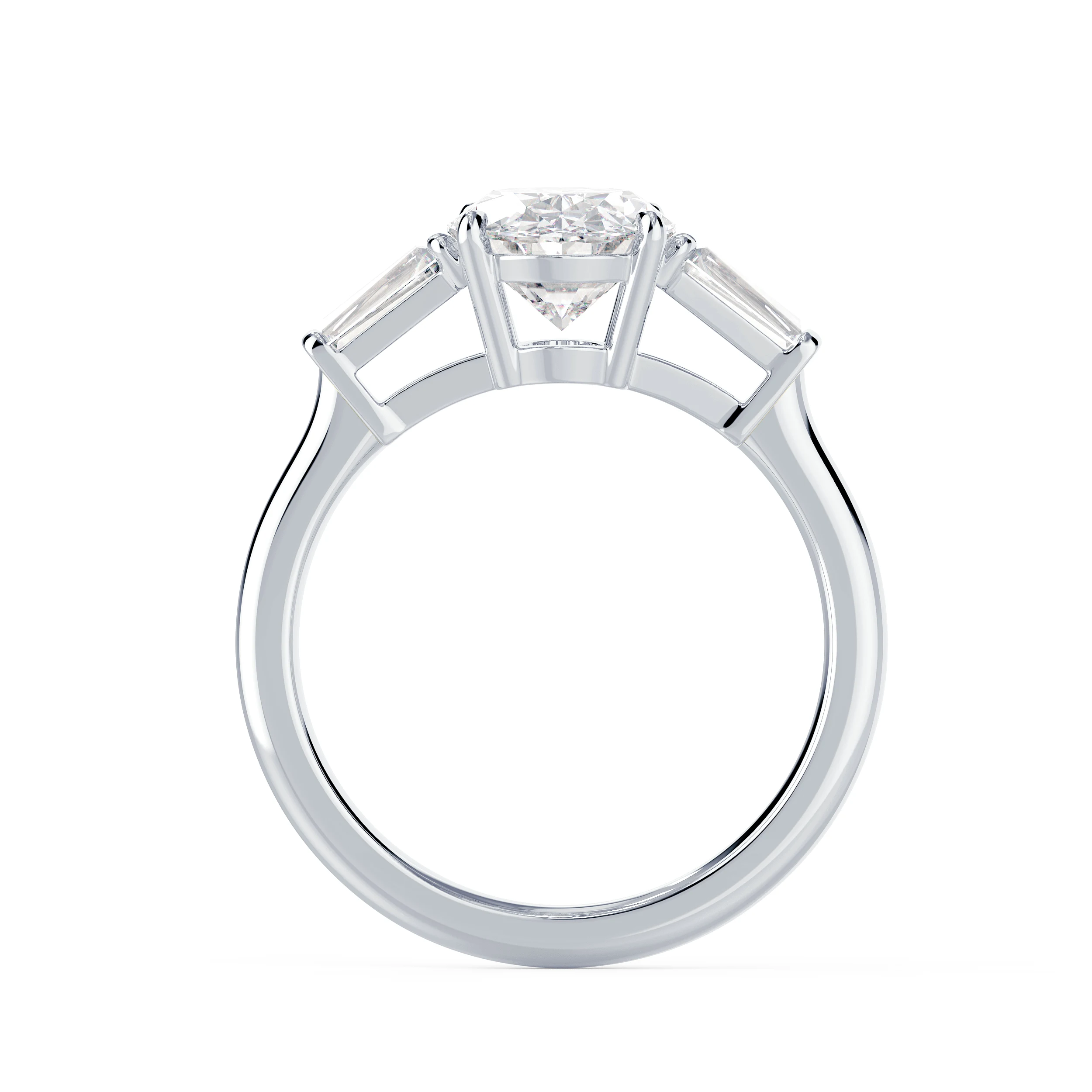 Man Made Diamonds set in White Gold Oval and Baguette Setting (Profile View)