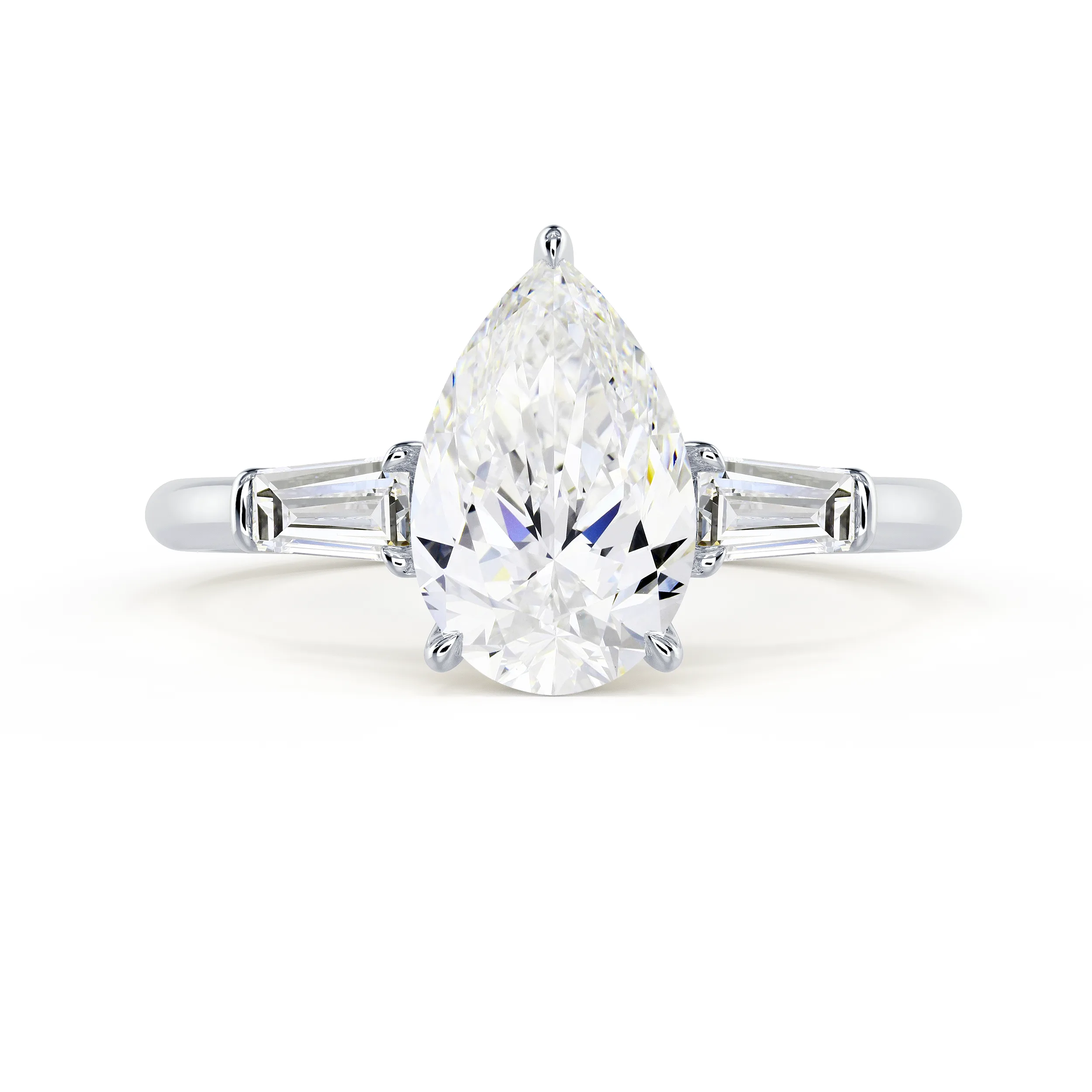 Exceptional Quality Lab Diamonds set in White Gold Pear and Baguette Diamond Engagement Ring (Main View)