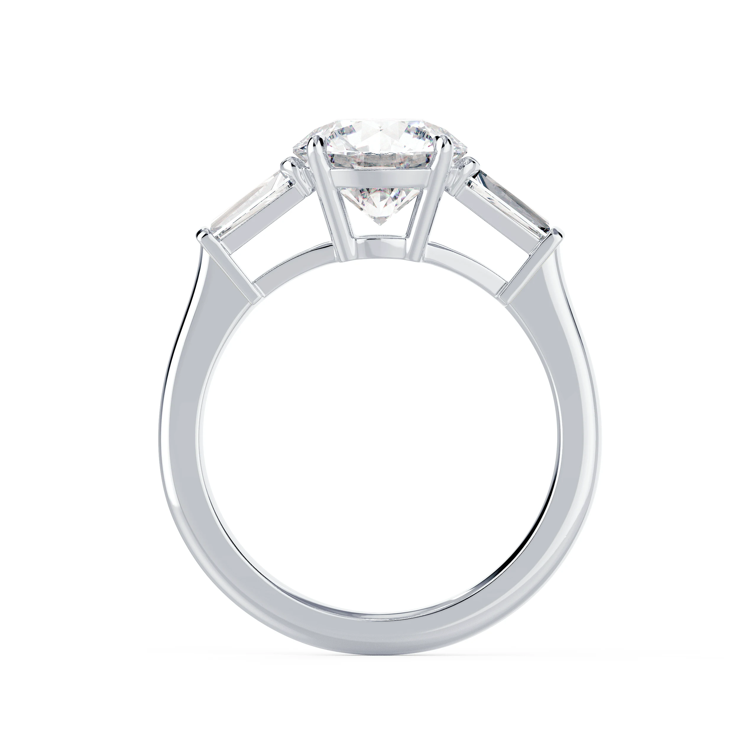 White Gold Round and Baguette Diamond Engagement Ring featuring Diamonds (Profile View)