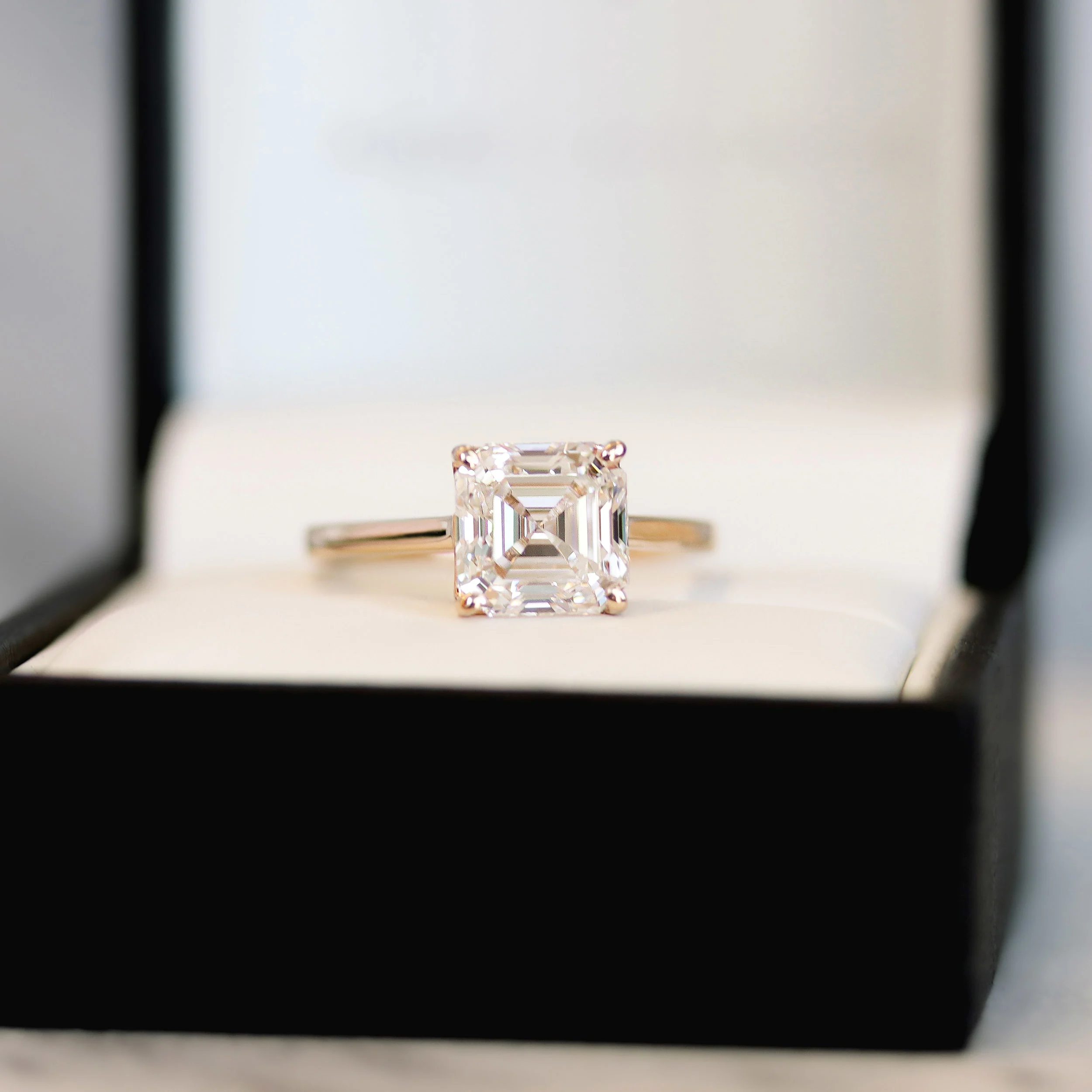 Rose Gold Asscher Cathedral Solitaire Diamond Engagement Ring featuring 2.75 Carat Man Made Diamonds (Main View)
