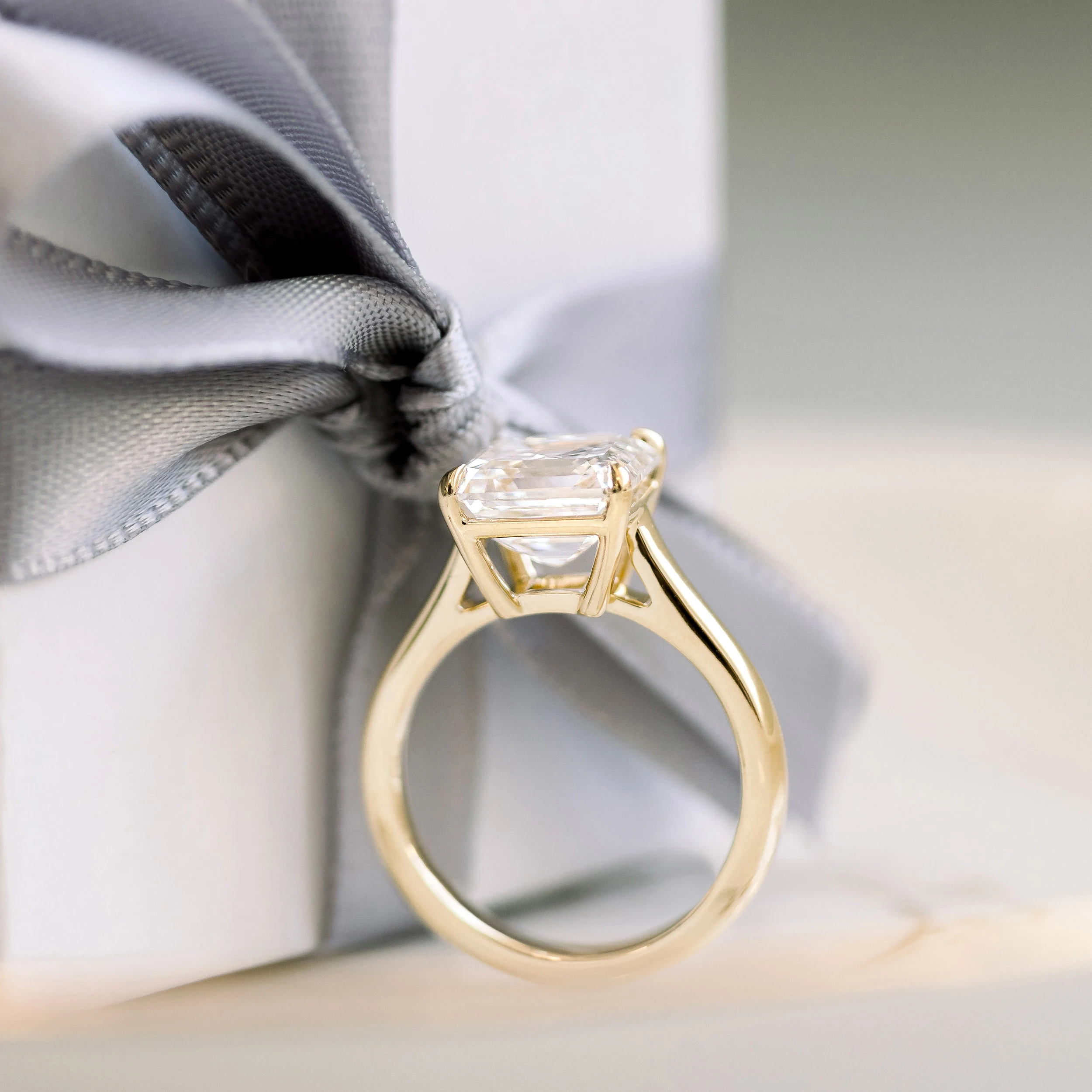 Yellow Gold Asscher Cathedral Solitaire Diamond Engagement Ring featuring 3.0 ctw Diamonds (Profile View)