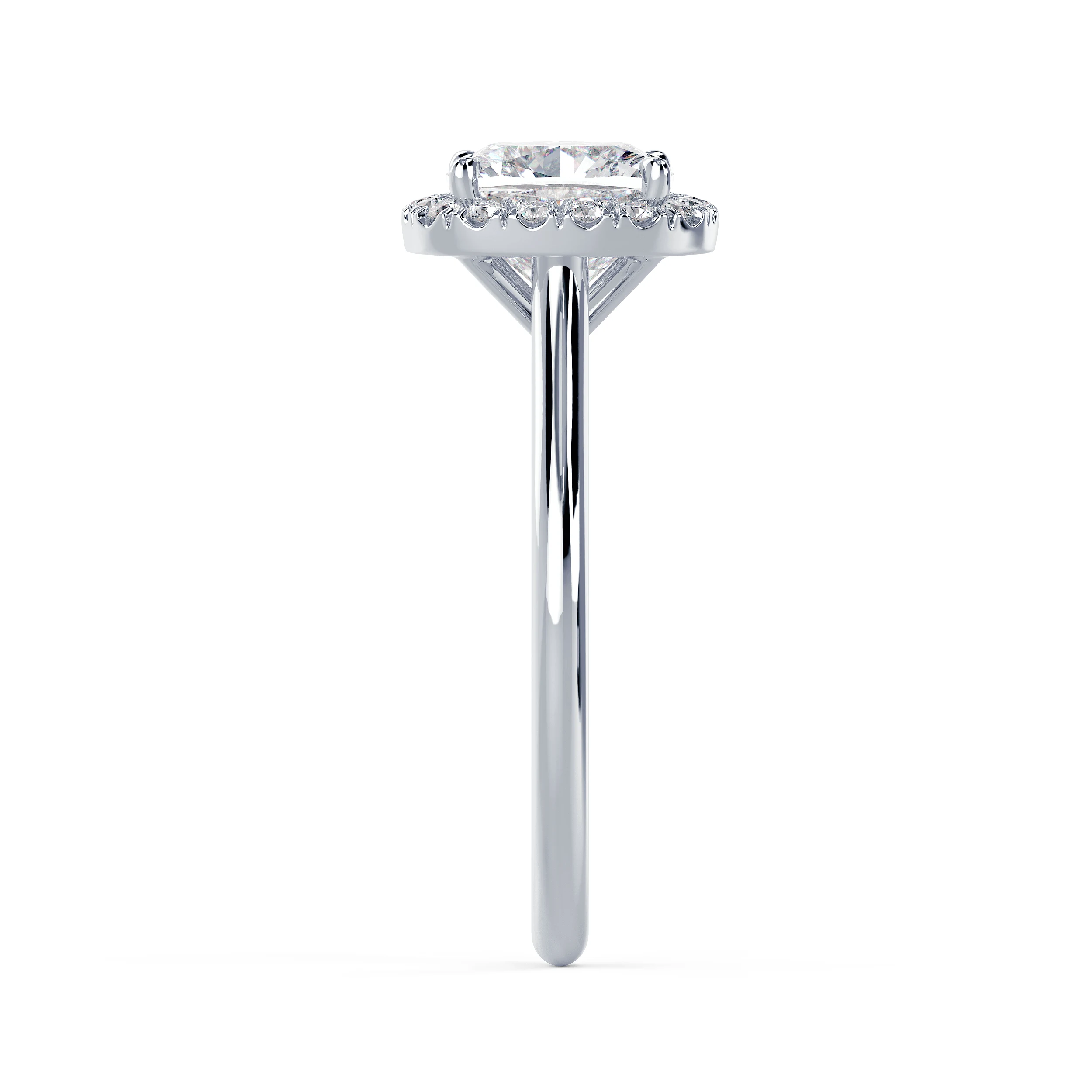 Synthetic Diamonds set in White Gold Cushion Single Halo Setting (Side View)