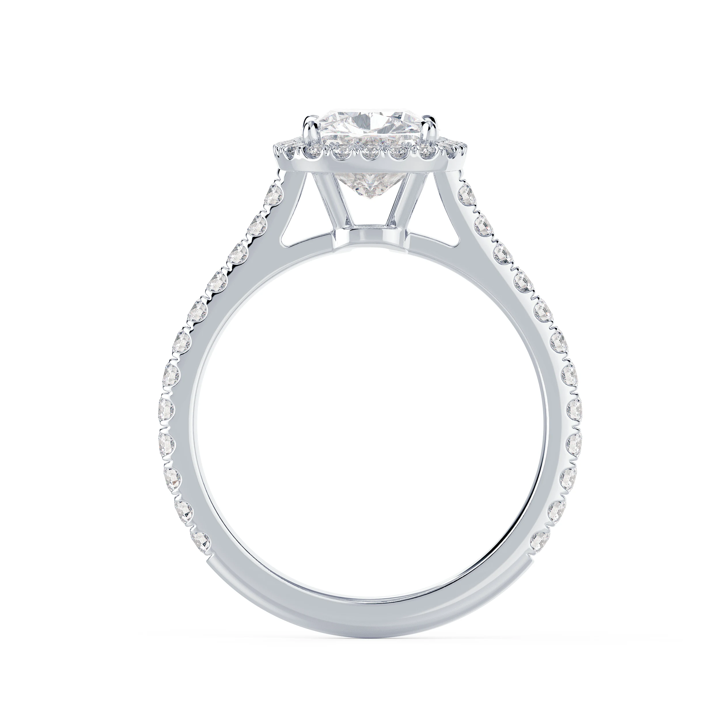 Exceptional Quality Lab Grown Diamonds set in White Gold Cushion Halo Pavé Diamond Engagement Ring (Profile View)