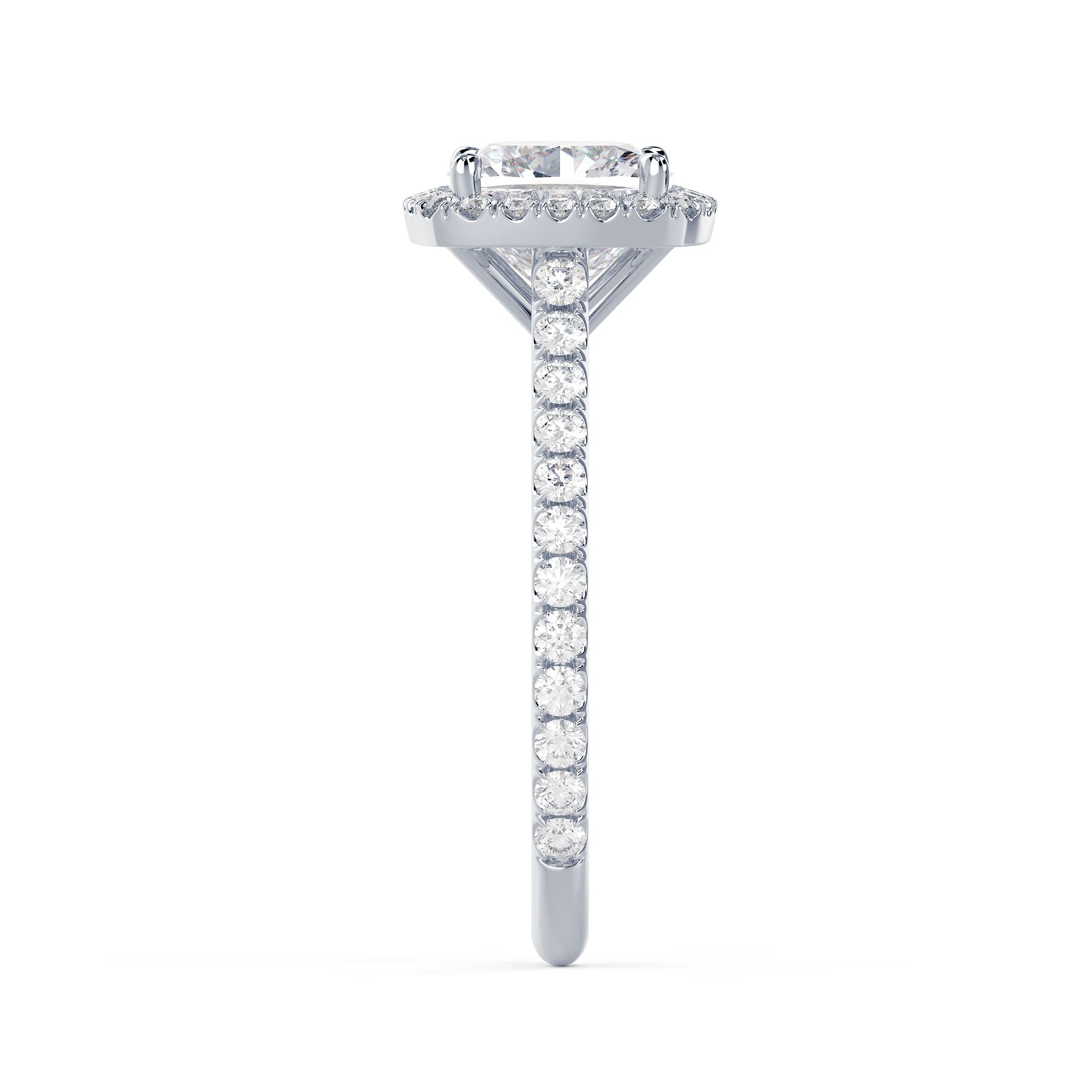 Lab Diamonds set in White Gold Cushion Halo Pavé Setting (Side View)