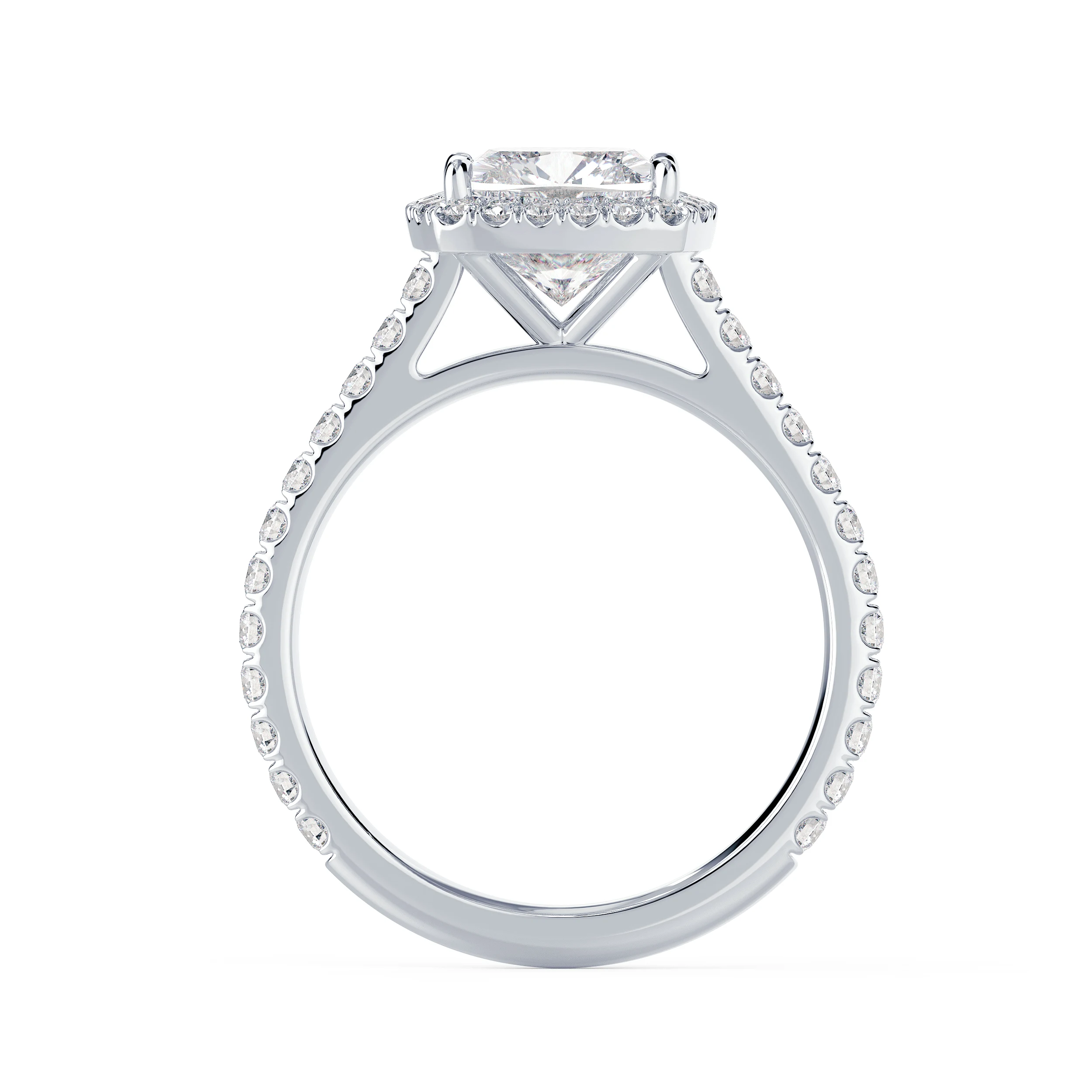 Man Made Diamonds set in White Gold Cushion Halo Pavé Diamond Engagement Ring (Profile View)