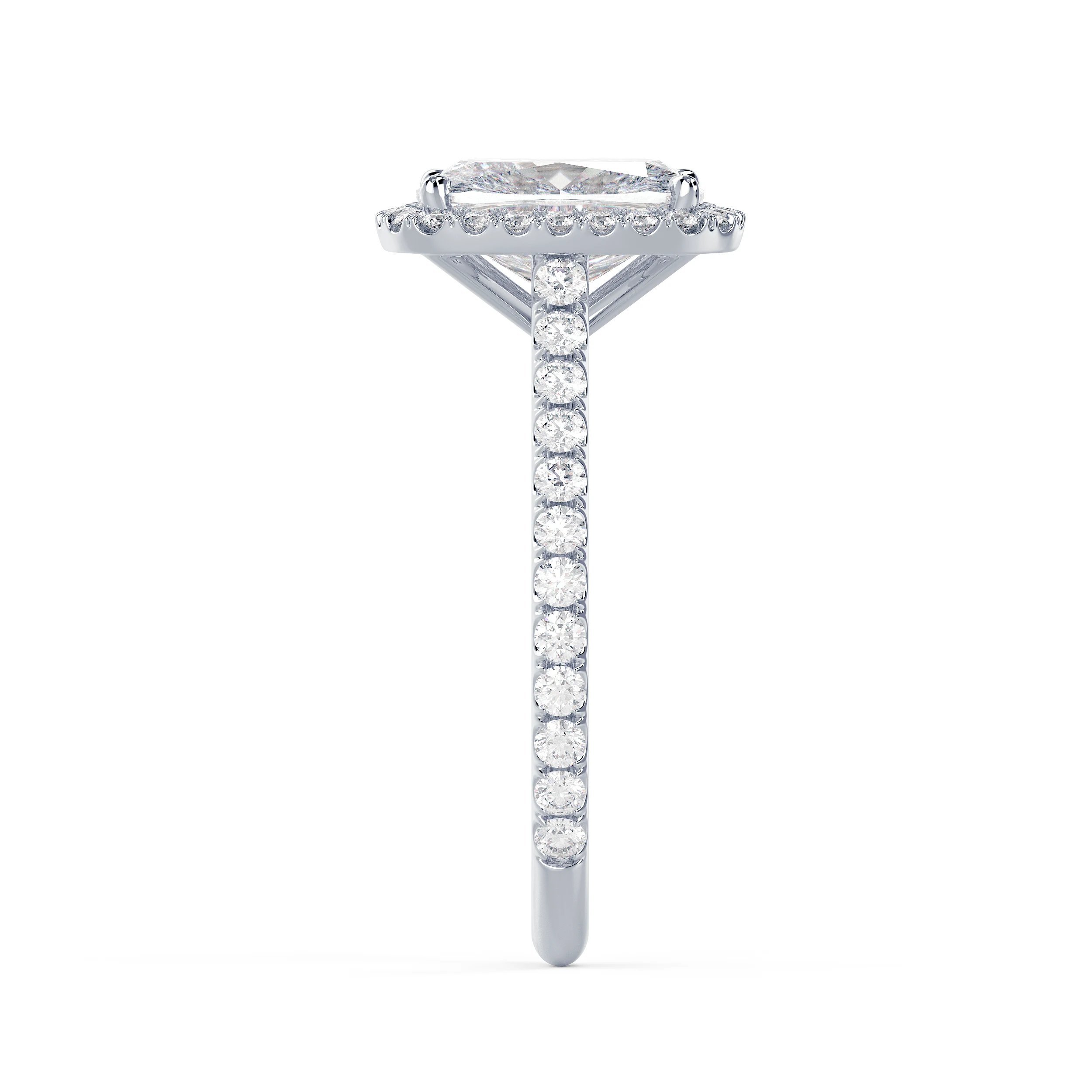 White Gold Cushion Halo Pavé Diamond Engagement Ring featuring Lab Diamonds (Side View)