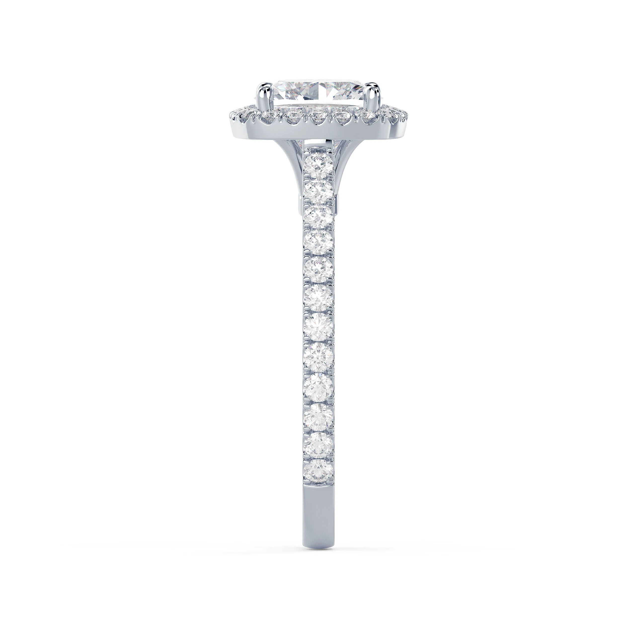 White Gold Cushion Halo Pavé Setting featuring Man Made Diamonds (Side View)