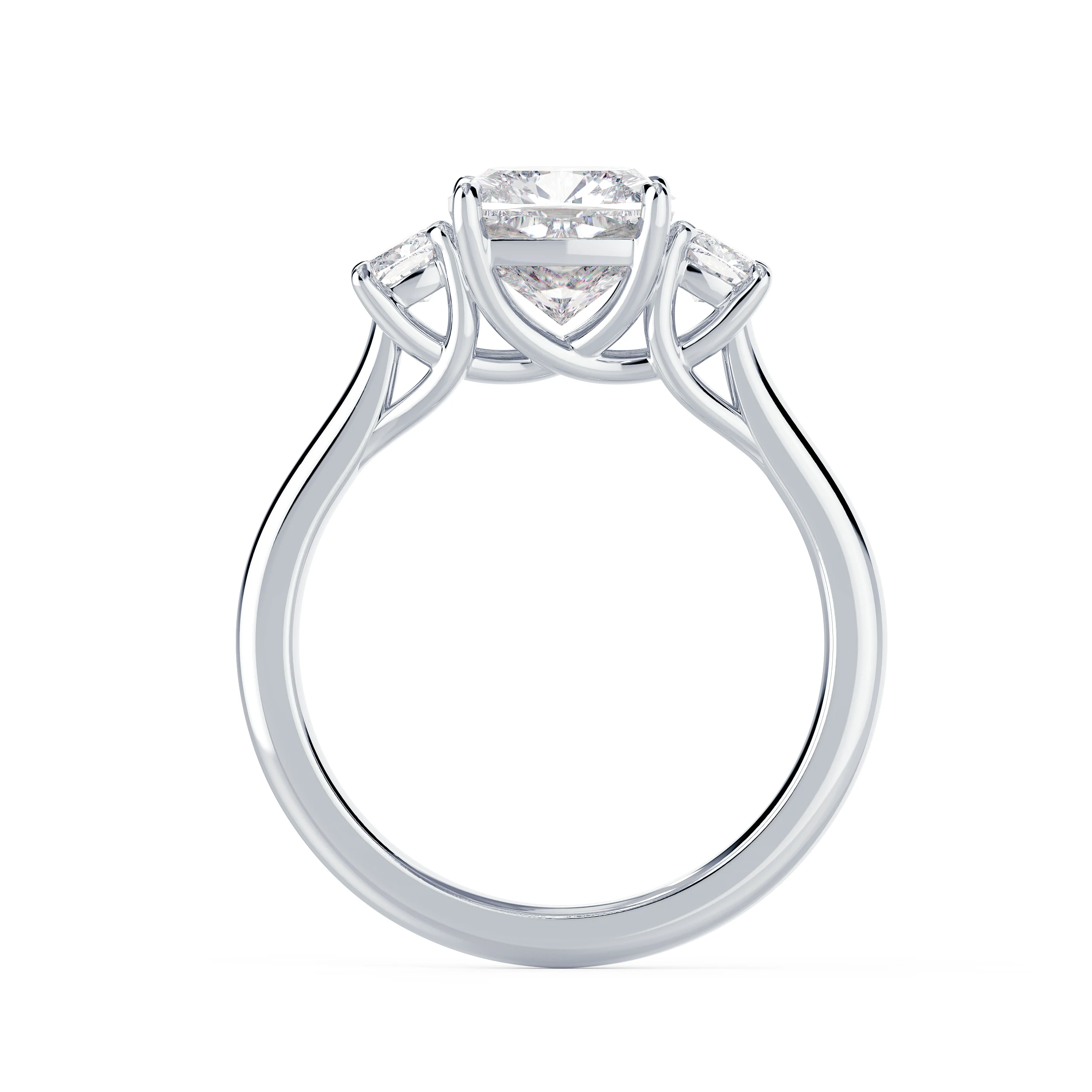 White Gold Cushion Three Stone Setting featuring Exceptional Quality 2.0 ct Diamonds (Profile View)