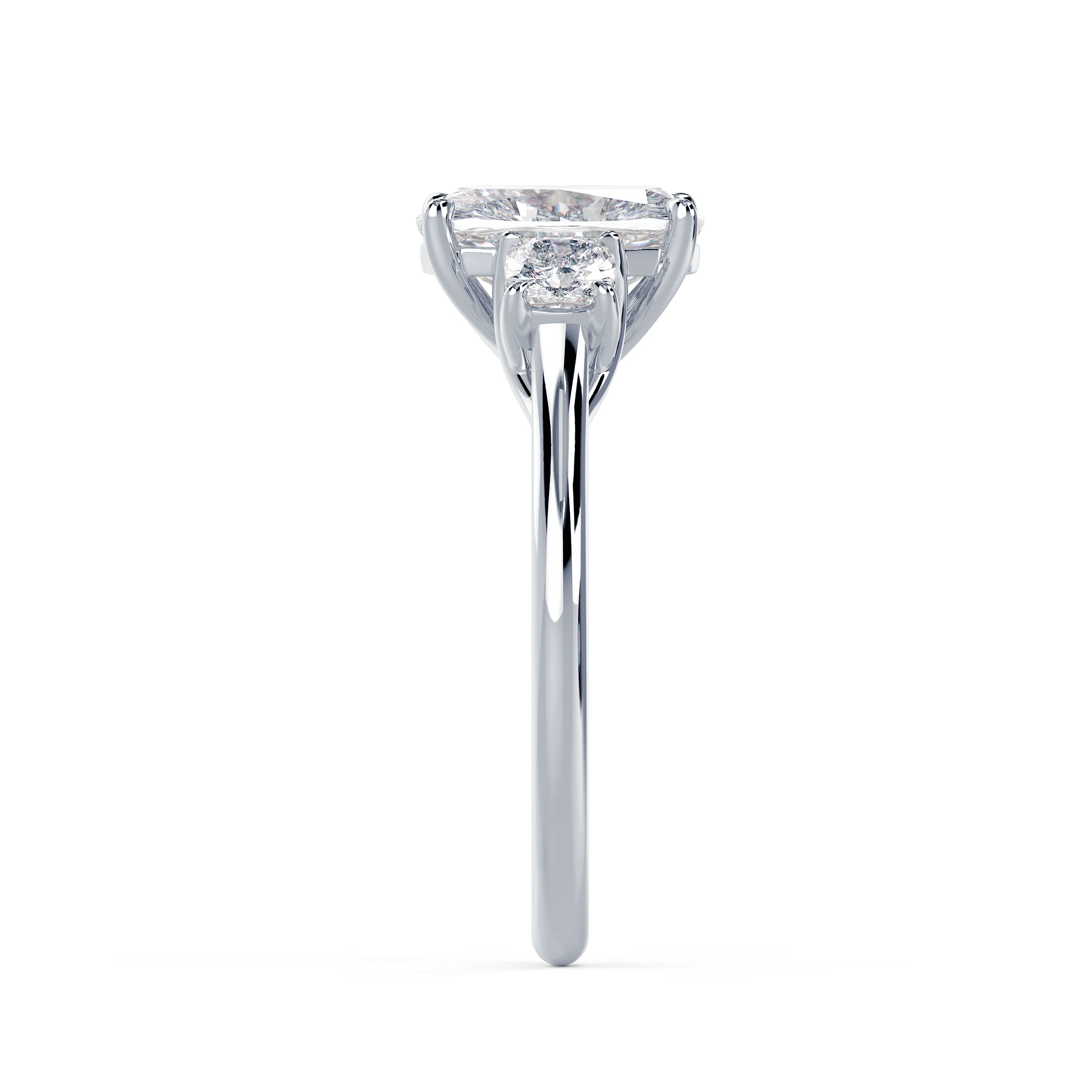 White Gold Cushion Three Stone Diamond Engagement Ring featuring 2.0 ctw Diamonds (Side View)