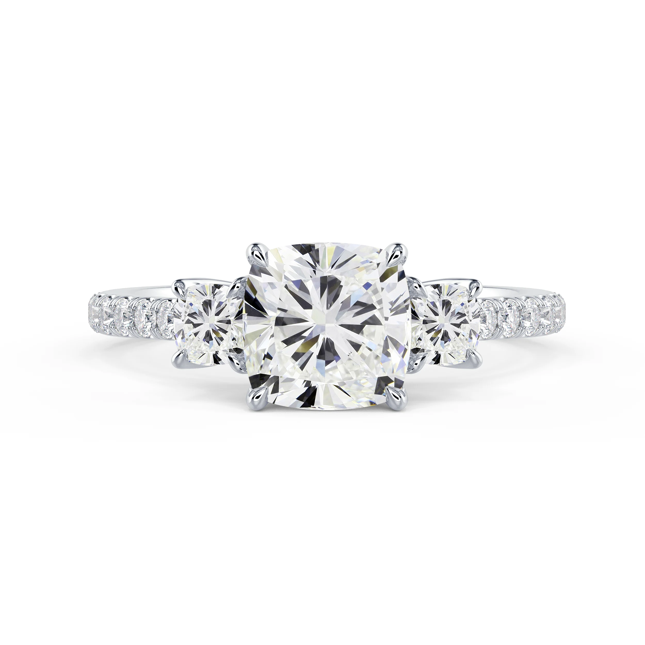 White Gold Cushion Three Stone Pavé Diamond Engagement Ring featuring 2.0 Carat Diamonds (Main View)