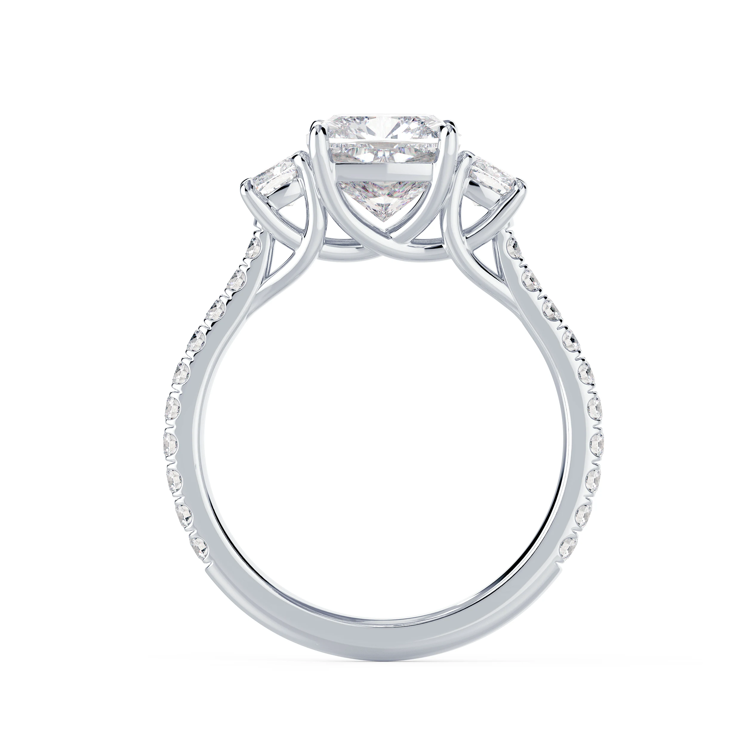 White Gold Cushion Three Stone Pavé Diamond Engagement Ring featuring Exceptional Quality 2.0 Carat Diamonds (Profile View)