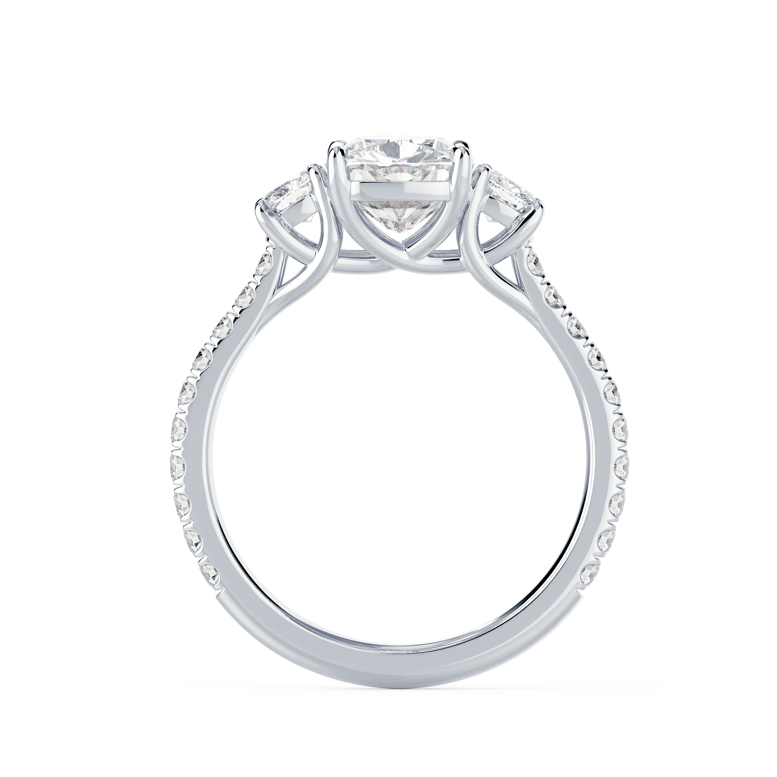 White Gold Cushion Three Stone Pavé Setting featuring Hand Selected 2.0 Carat Lab Diamonds (Profile View)