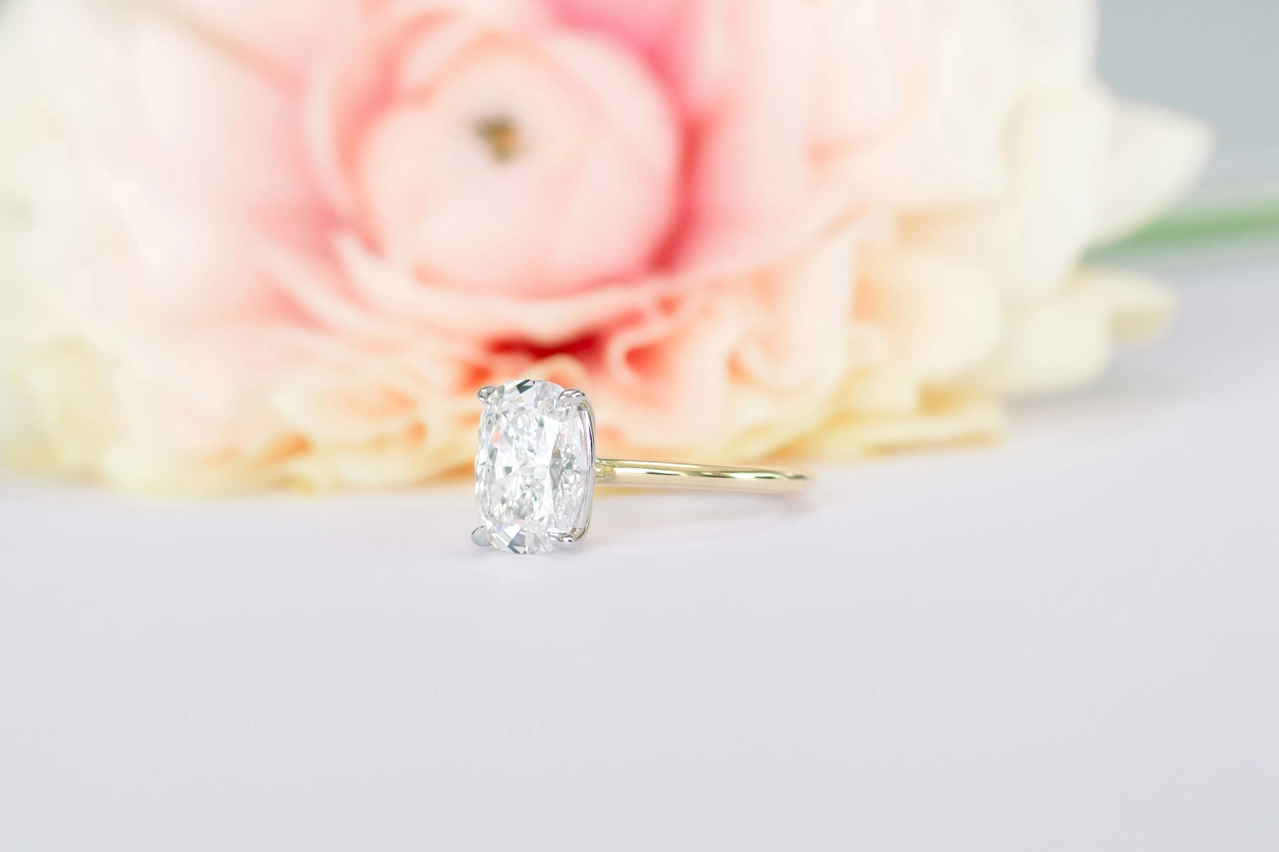 3.0 ct Created Diamonds set in Platinum & Yellow Gold Cushion Petite Four Prong Solitaire (Side View)