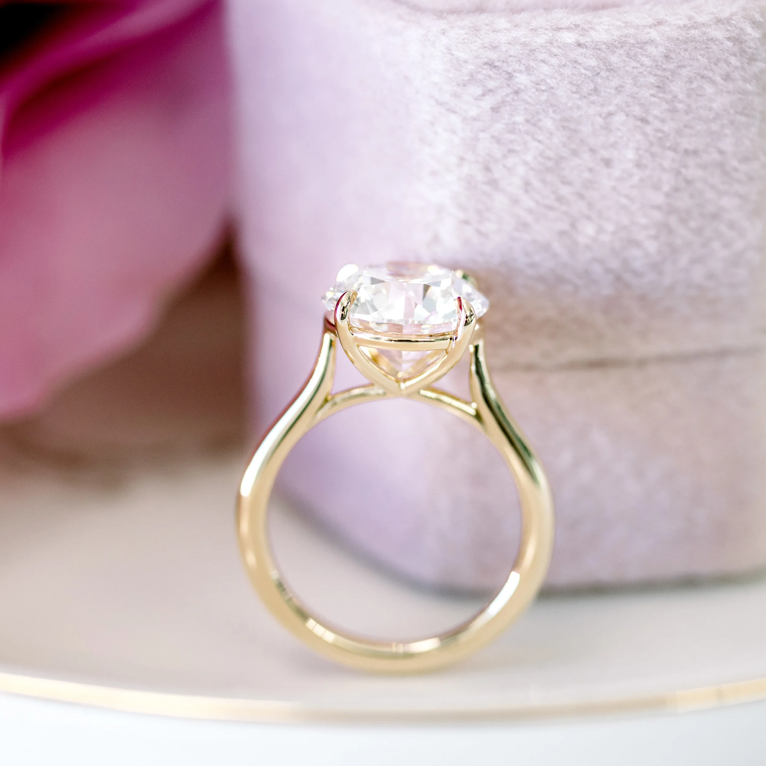 Yellow Gold Round Trellis Solitaire Diamond Engagement Ring featuring 3.5 Carat Lab Grown Diamonds (Profile View)