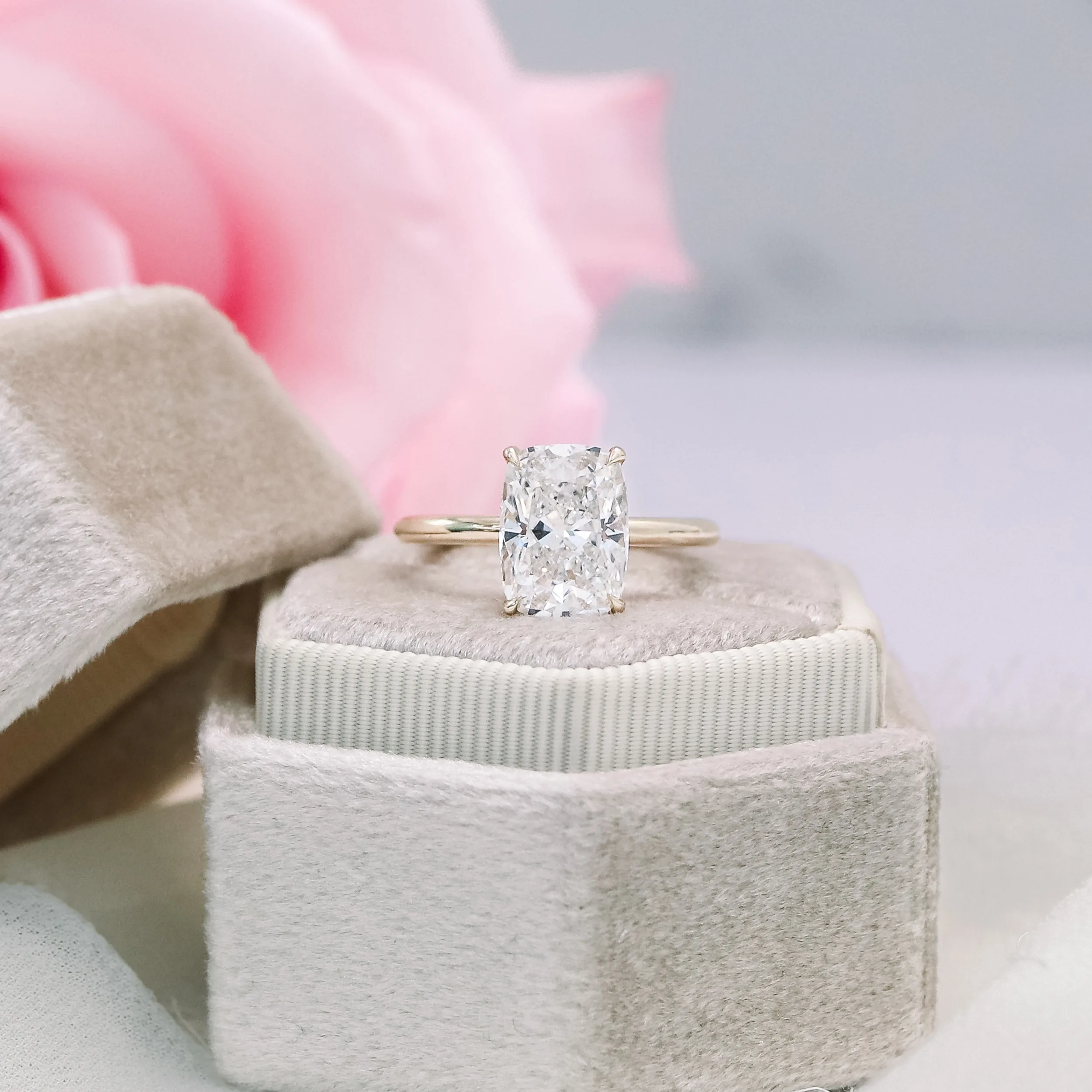 Cushion Petite Four Prong Solitaire featuring High Quality Lab Diamonds (Profile View)