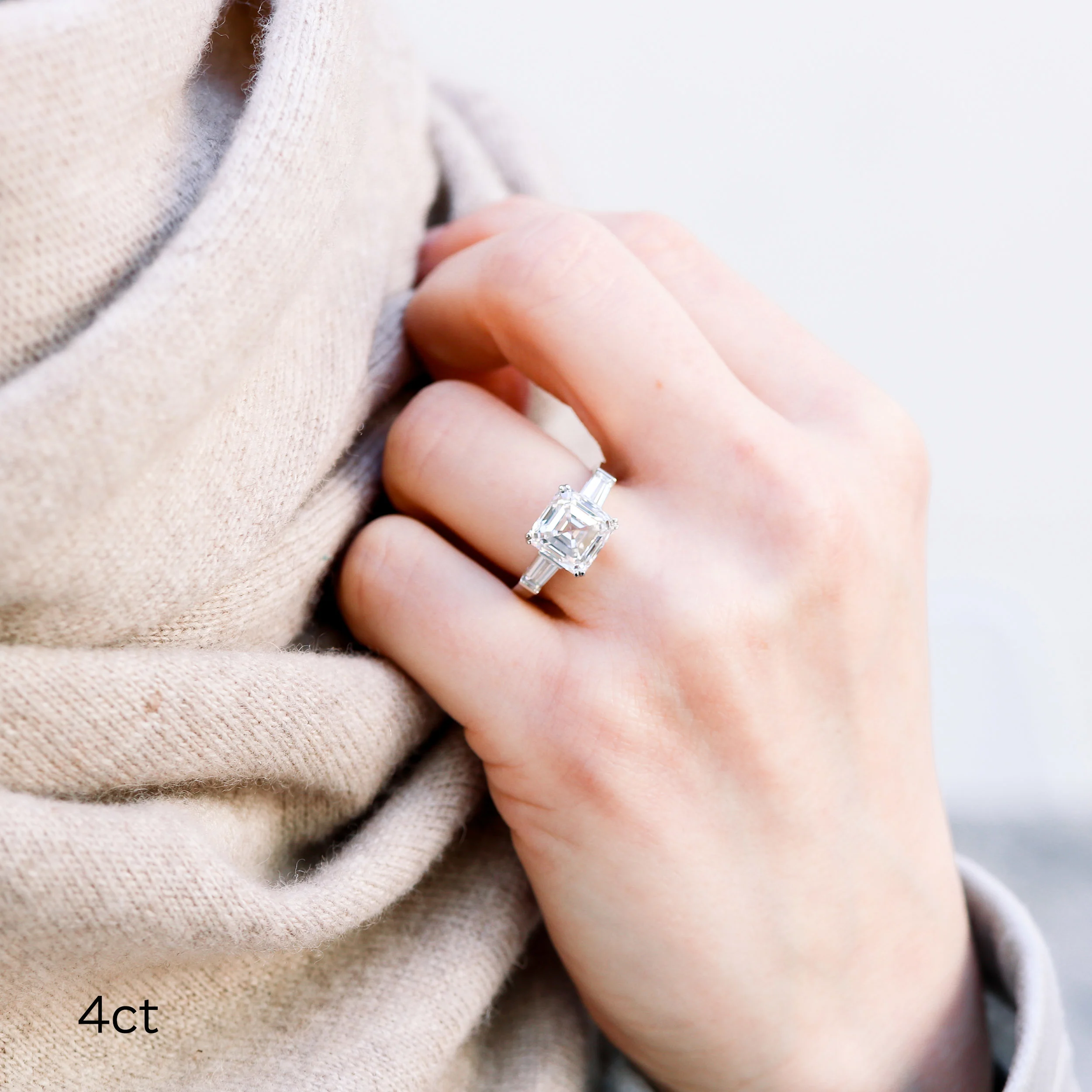 Platinum Asscher and Baguette Diamond Engagement Ring featuring 4.0 Carat Diamonds (Main View)