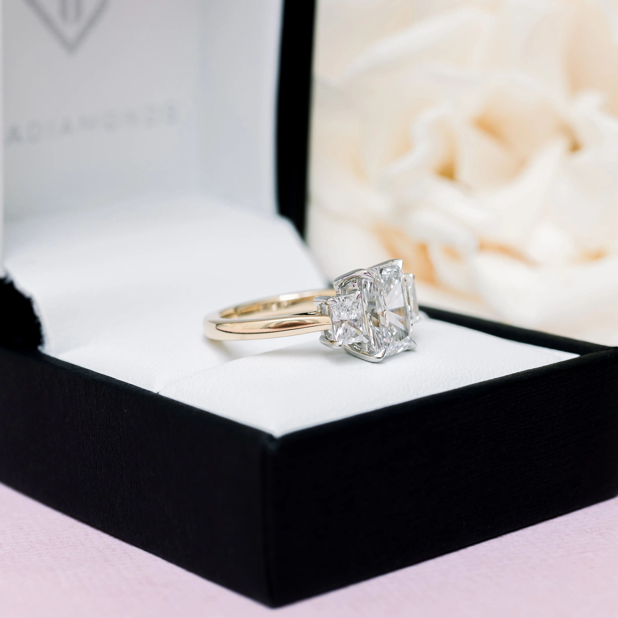 High Quality 2.0 Carat Lab Diamonds Radiant Three Stone Diamond Engagement Ring in Platinum & Yellow Gold (Side View)