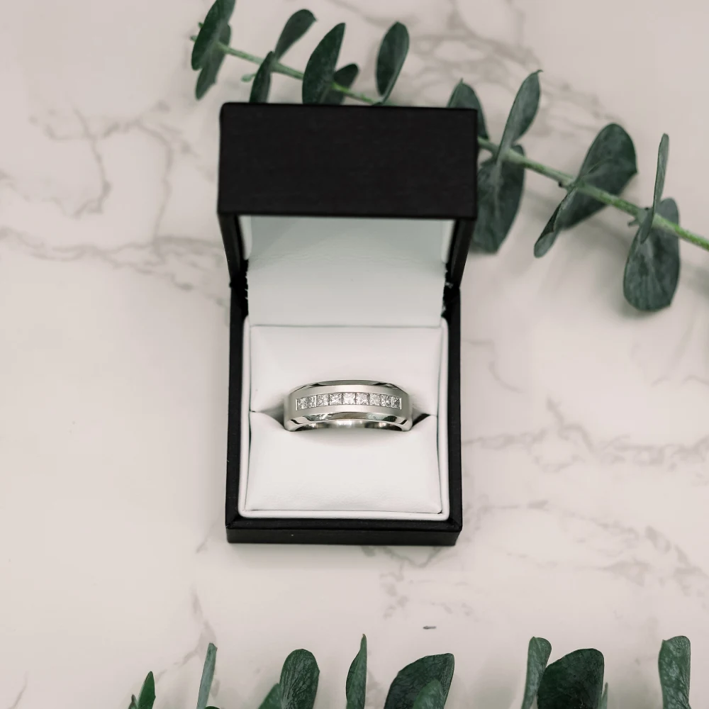 custom men's wedding band with princess cut lab diamonds and a beveled edge in platinum ada diamonds design ad 183