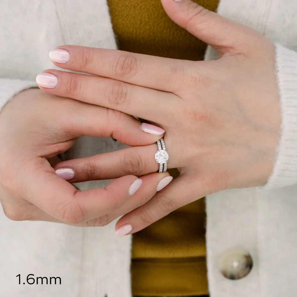 platinum lab diamond wedding set with french pavé eternity band and petite pavé engagement ring on model ada diamonds design ad 134 and ad 175