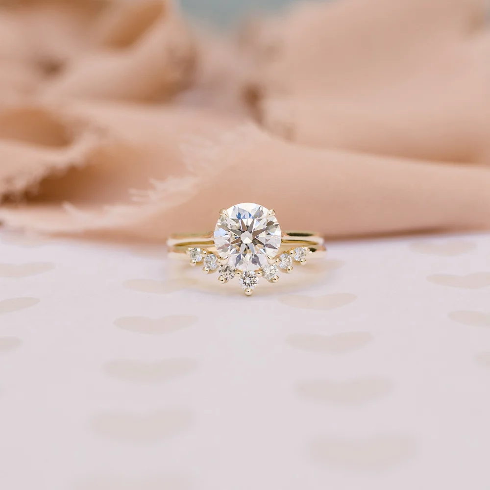 yellow gold round petite trellis solitaire lab diamond engagement ring with nesting band ada diamonds design ad069 and ad258