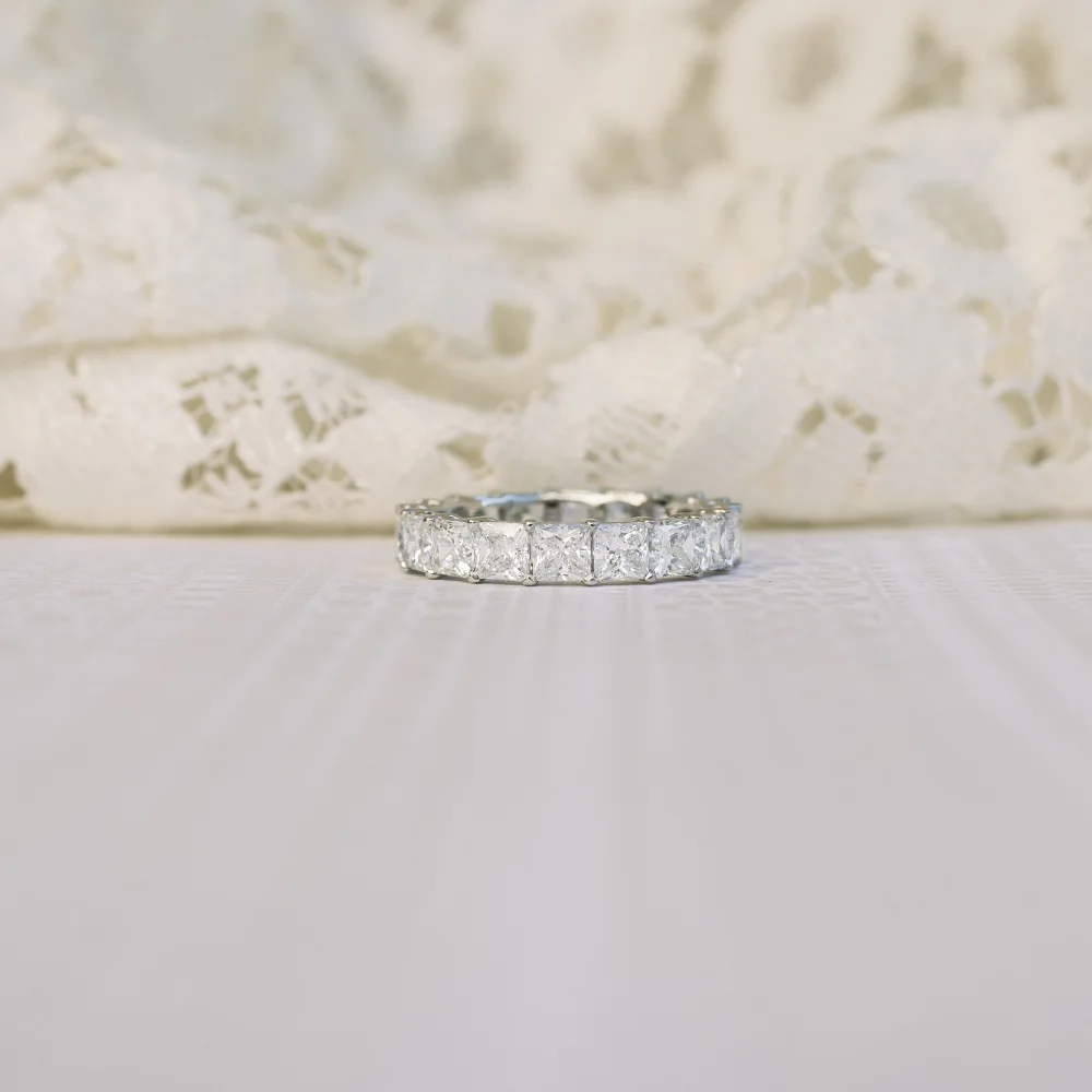Princess Eternity Lab Created Diamond Wedding Band in Platinum Profile View Design-194