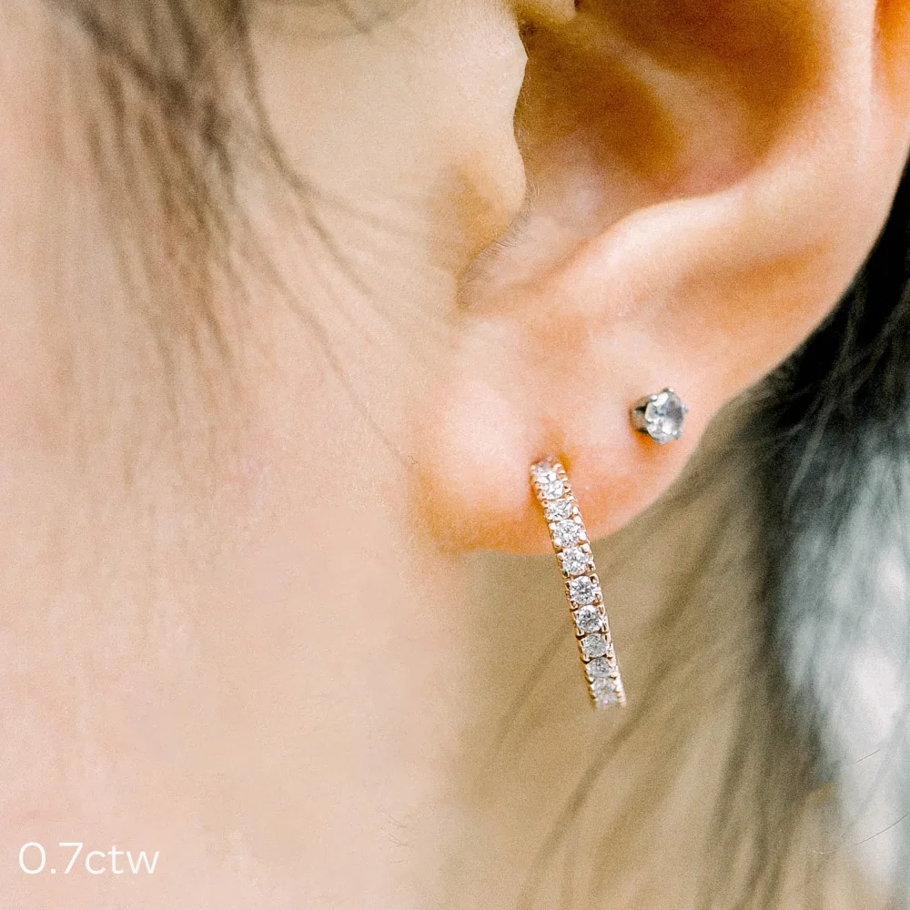 0.7 ctw Classic J Hoop earrings in rose gold made with man made diamonds ADA Diamonds ad design number 007
