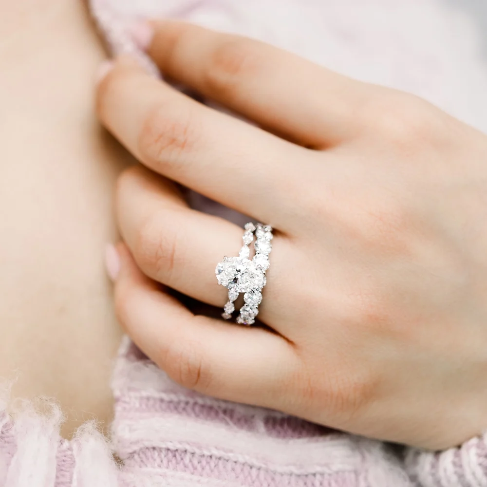 oval lab diamond engagement ring and french u round lab diamond eternity band platinum ada diamonds design ad 164