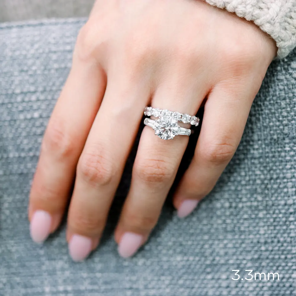 Platinum 7 Carat Lab Created Diamond Wedding Set with 2.5ct Round and Baguette Engagement Ring and 5ct Round Lab Diamond Eternity Band Ada Diamonds Design AD-071 and AD-164 on Model