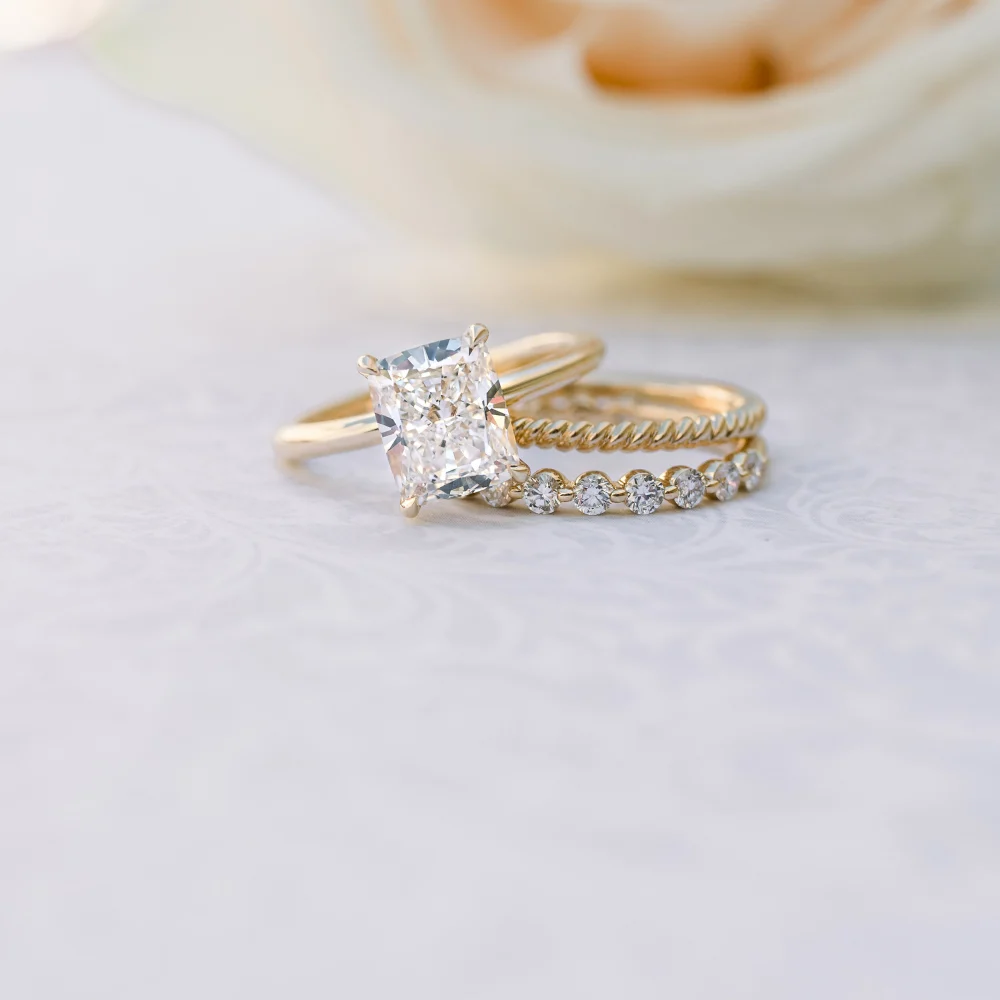14k Yellow Gold Cushion Cut Lab Diamond Solitaire Engagement Ring with Shared Prong Three Quarter Wedding Band and Rope 3/4 Band Ada Diamonds Design AD-221 AD-261 AD-262 Macro