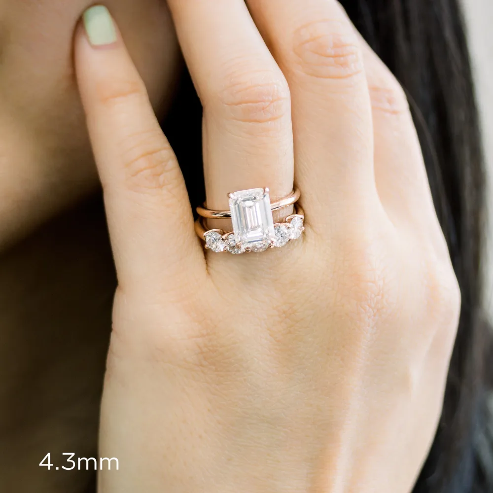 14k Rose Gold Lab Diamond Wedding Set featuring 4ct Emerald Cut Solitaire and 1.5ct Round Five Stone Wedding Band Ada Diamonds Design AD-235 and AD-247 on Model