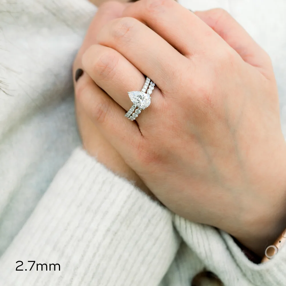 platinum pear lab diamond pavé engagement ring with french u round lab diamond wedding band ada diamonds design ad 211 and ad 248