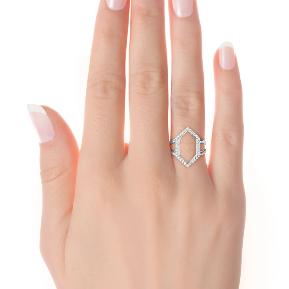 Open Hexagon 6th Element Lab Created Diamond Fashion Ring in Platinum on Hand Rendering Design-056