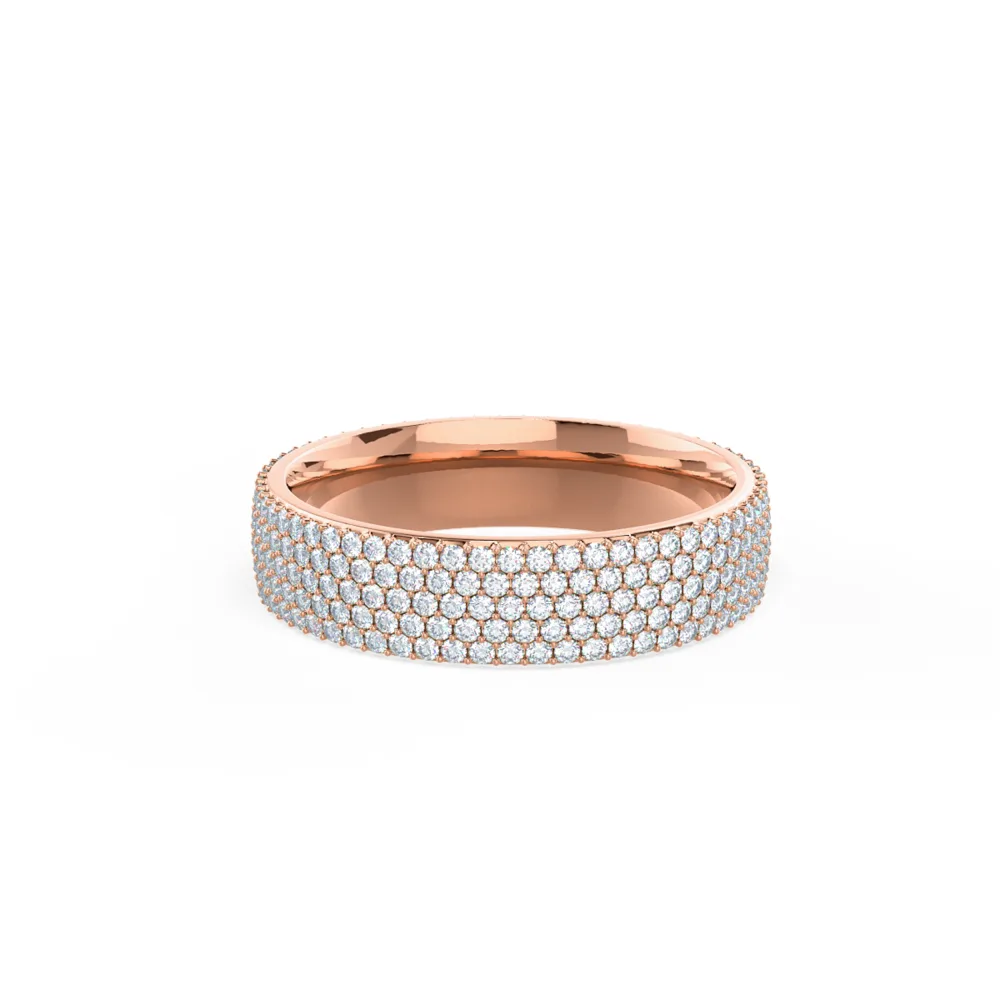 Lab Created Diamond Five Row Pave Wedding Band Rendering In Rose Gold In Front View Design AD237