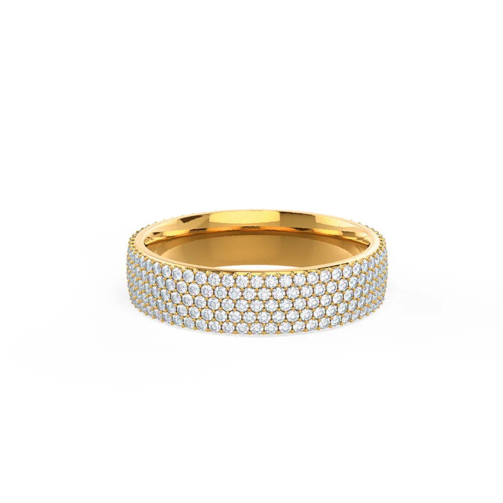 Lab Created Diamond Five Row Pave Wedding Band Rendering In Yellow Gold In Front View Design AD237
