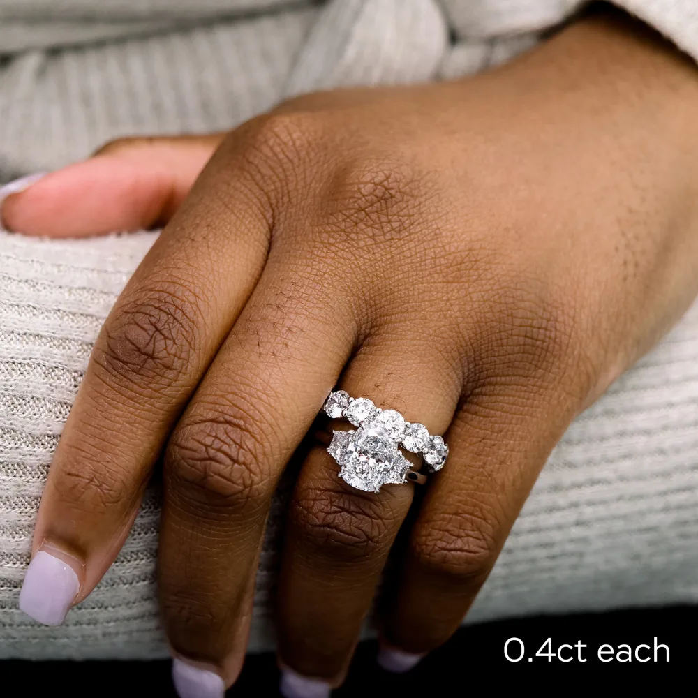 lab diamond wedding set with cushion three stone engagement ring and prong set eternity band ada diamonds design ad 081 and 469