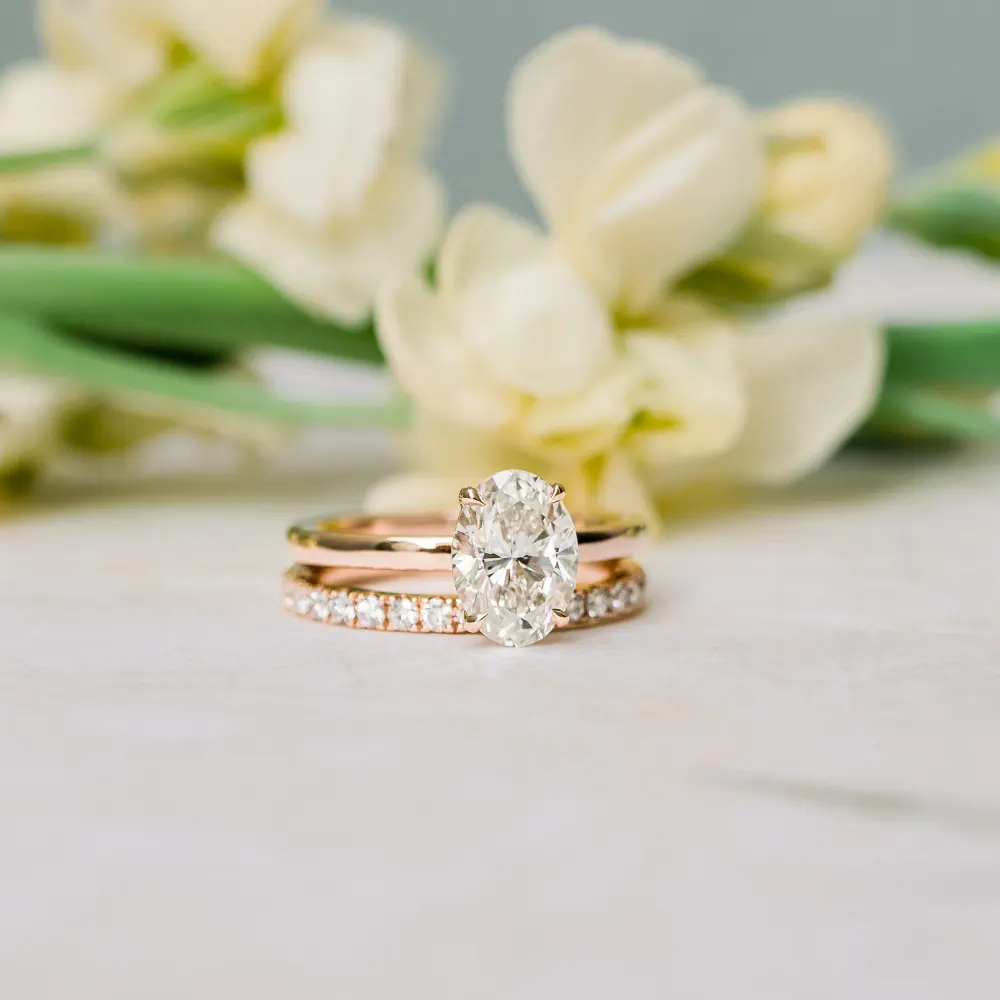rose gold oval cut lab diamond solitaire engagement with u pavé wedding band ada diamonds design ad 082