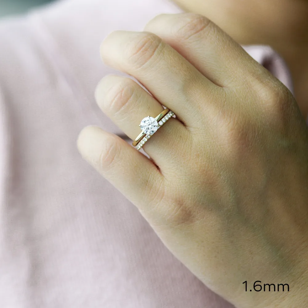round lab diamond solitaire engagement ring yellow gold with u pave eternity band ada diamonds design ad 171 and ad 066 on model