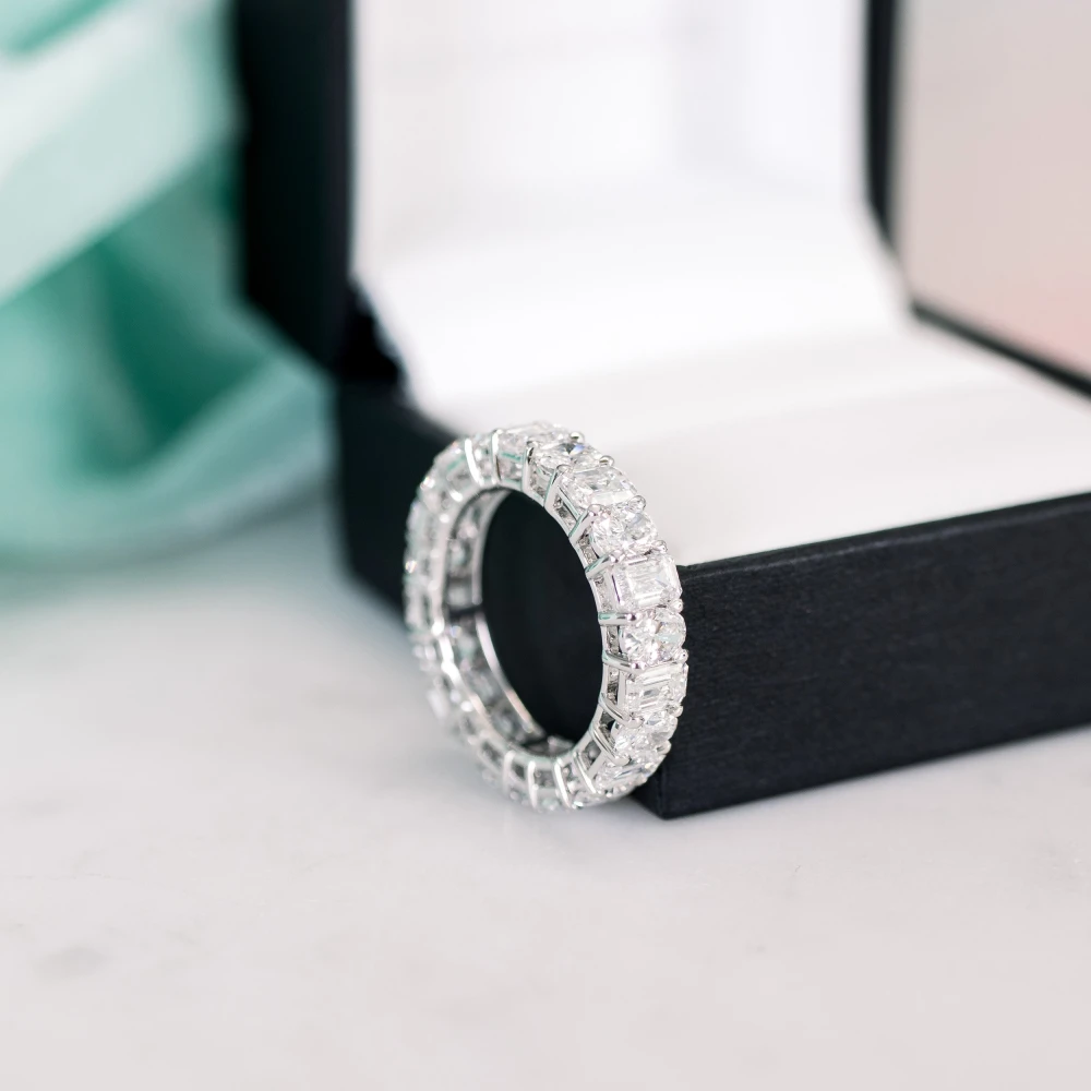 platinum oval and emerald cut lab grown diamond wedding band ada diamonds design ad 290 profile view