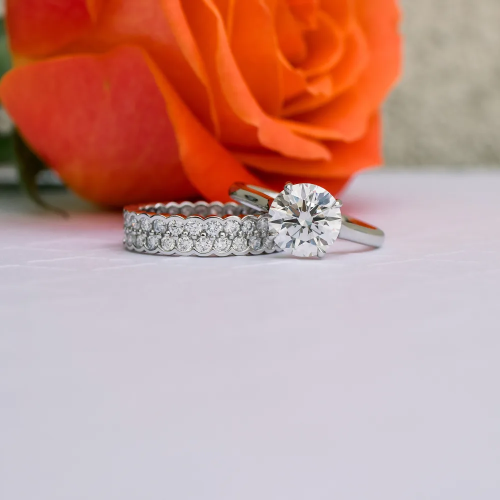 White Gold Lab Diamond Wedding Set with Solitaire Engagement Ring and Two Row Bezel Set Eternity Band Ada Diamonds Design AD-069 and AD-232